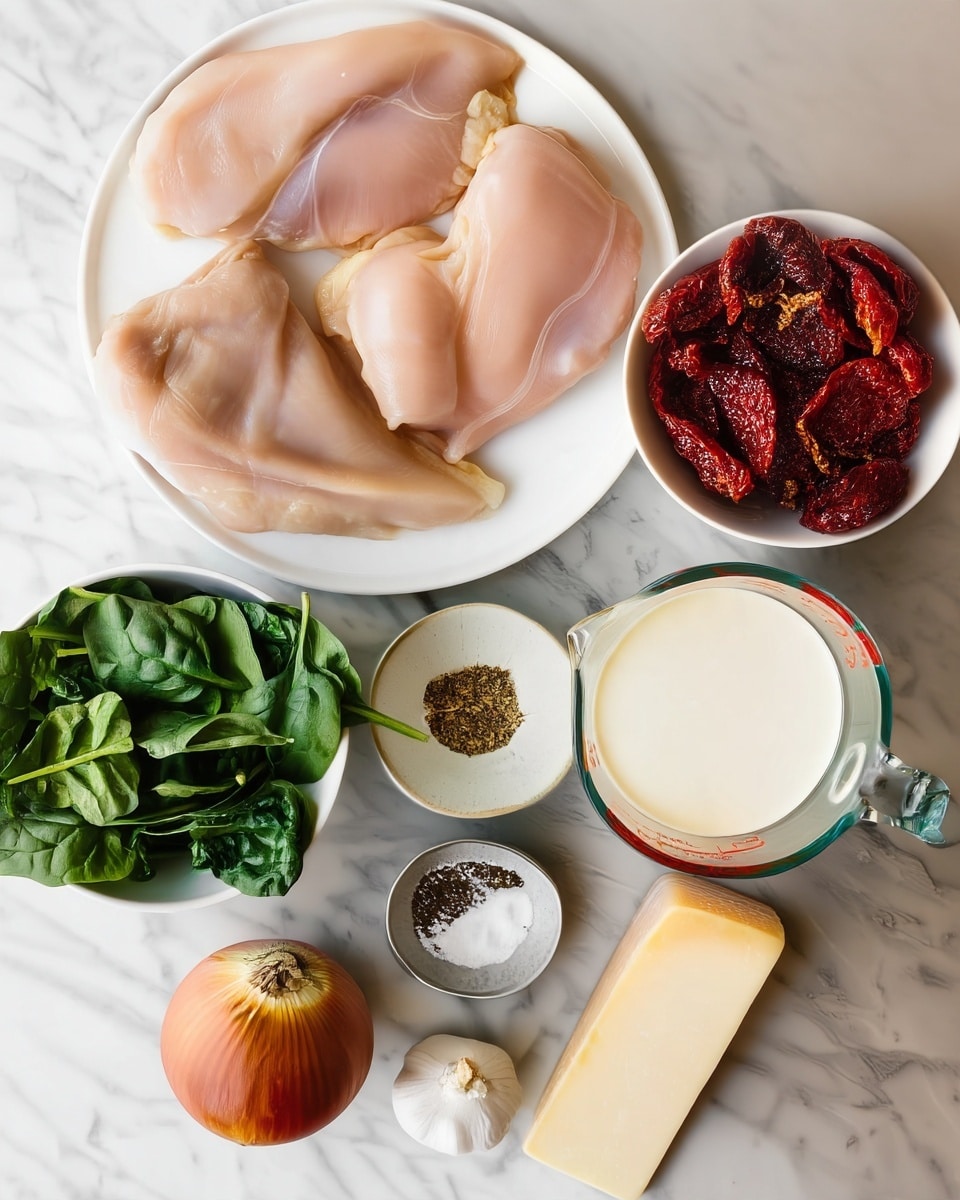 Four raw chicken pieces lay spread out in a circle on a white plate, showing smooth, pale pink surfaces. Nearby, a small white bowl holds dark red, wrinkled sun-dried tomatoes. A white bowl filled with fresh, green baby spinach leaves sits at the bottom left. Between them, a small white dish contains a mix of dried Italian seasoning in brown and green tones. Below it, a tiny white bowl shows coarse white salt and black pepper mixed. A glass measuring cup near the center right is filled with thick, white heavy cream. An unpeeled yellow onion with a brownish skin and a whole white garlic bulb rest near the bottom. A large block of pale yellow Parmesan cheese with a smooth texture lies diagonally at the bottom right corner. All of this is set on a white marbled surface. Photo taken with an iphone --ar 4:5 --v 7