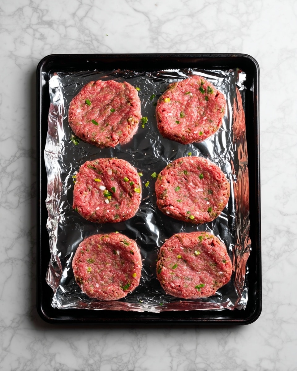 Six raw pink meat patties, mixed with small green herbs and white bits, are placed in two rows on a black baking tray lined with shiny silver foil. Each patty is round with a shallow dip in the center, showing rough and uneven texture. The tray is set on a white marbled surface. photo taken with an iphone --ar 4:5 --v 7