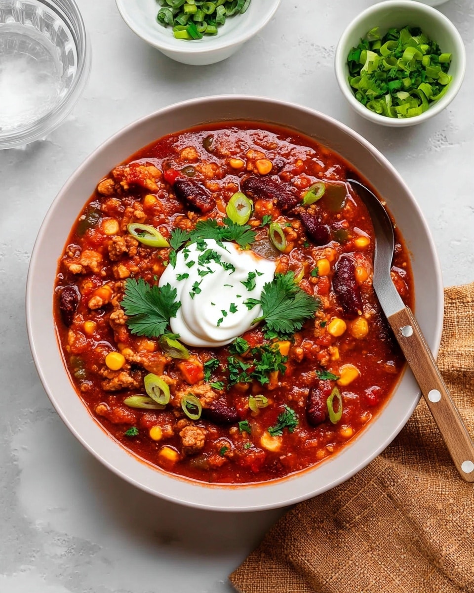 A white bowl filled with chunky chili showing three main layers: the thick red tomato sauce base with visible small bits of ground meat and dark red kidney beans spread throughout, bright yellow corn kernels scattered on top mixed with green onion slices and some fresh green cilantro leaves giving pops of color, and a dollop of smooth white sour cream sitting in the center as a top layer. A spoon with a wooden handle rests inside the bowl on the right side. The bowl sits on a white marbled surface with a brown cloth napkin and two metal spoons nearby, along with a glass of water and small white bowls with chopped green onions and more sour cream in the background. Photo taken with an iphone --ar 4:5 --v 7