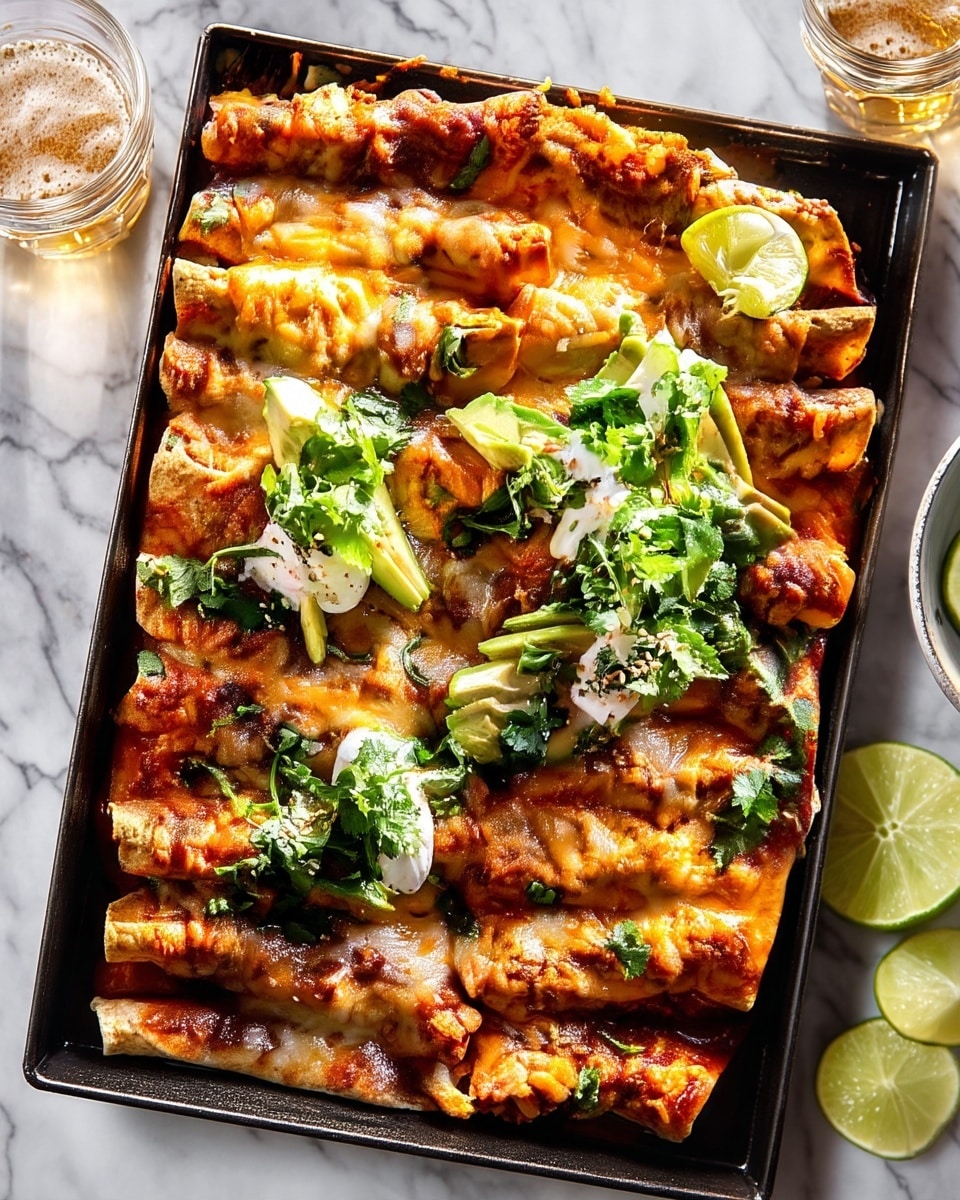A rectangular black pan holds eight rolled enchiladas placed side by side, each covered with melted golden-brown cheese on top. The enchiladas are filled and rolled in a slightly crispy, browned tortilla layer. On top, there are dollops of white sour cream, bright green avocado slices, and a generous sprinkle of fresh green cilantro leaves. A half slice of lime rests on the top right corner of the enchiladas. The pan is set on a white marbled surface with some lime wedges and a glass with a light golden beverage nearby. Photo taken with an iphone --ar 4:5 --v 7