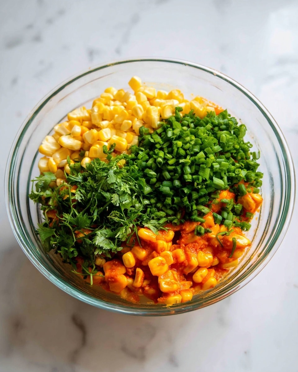 A clear glass bowl holds a mix of food layers, placed on a white marbled surface. The bottom layer shows bright orange pieces that look like cooked corn bits. On top of that, there are small pale yellow corn slices arranged unevenly. The bowl is also filled with chopped green herbs, including finely chopped bright green scallions placed in the middle and darker green cilantro spilling over one side. The colors make the dish look fresh and vibrant, with strong contrasts between the orange corn and green herbs. Photo taken with an iphone --ar 4:5 --v 7
