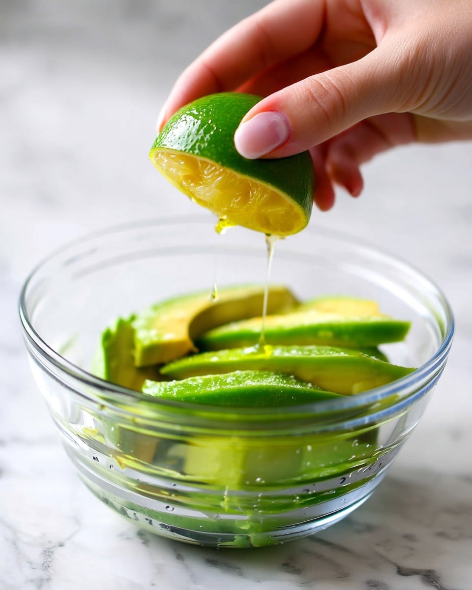 A close-up image shows a woman's hand squeezing a fresh lime half over clear thick slices of green avocado in a clear glass bowl. The lime is yellow-green and textured, with juice dripping down onto the smooth, bright green avocado pieces inside the bowl. The bowl rests on a white marbled surface with subtle gray veins. The background is softly blurred, keeping the focus on the lime juice and avocado layers. Photo taken with an iphone --ar 4:5 --v 7