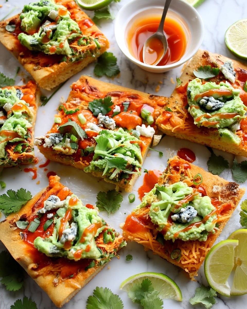 The image shows slices of a flat, square pizza on a white marbled surface. Each slice has a golden crust base topped with a layer of melted orange cheese and small pieces of cooked chicken. On top, there are dollops of light green guacamole, small scattered crumbles of white-blue cheese, and chopped green onions. Some slices are drizzled with bright orange hot sauce, and fresh green cilantro leaves are spread out over the slices. A white plate holds a halved lime in the top right corner. In the center above the pizza slices, there is a small glass container filled with bright orange hot sauce, with a silver spoon lying next to it with some sauce on the spoon. The sauce and colors contrast nicely with the white marbled surface photo taken with an iphone --ar 4:5 --v 7