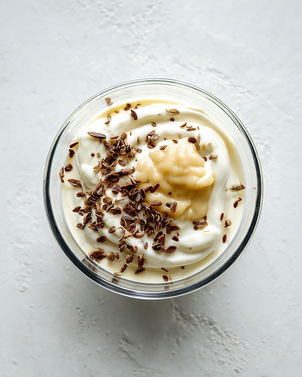 A clear bowl filled with a creamy white liquid as the first layer, topped with a light beige dollop of smooth, thick paste placed slightly off-center. Scattered lightly over the white liquid are small, dark brown, unevenly shaped flakes adding contrast and texture. The bowl sits on a white marbled surface, showing the smooth and shiny texture of the liquid inside clearly. photo taken with an iphone --ar 4:5 --v 7