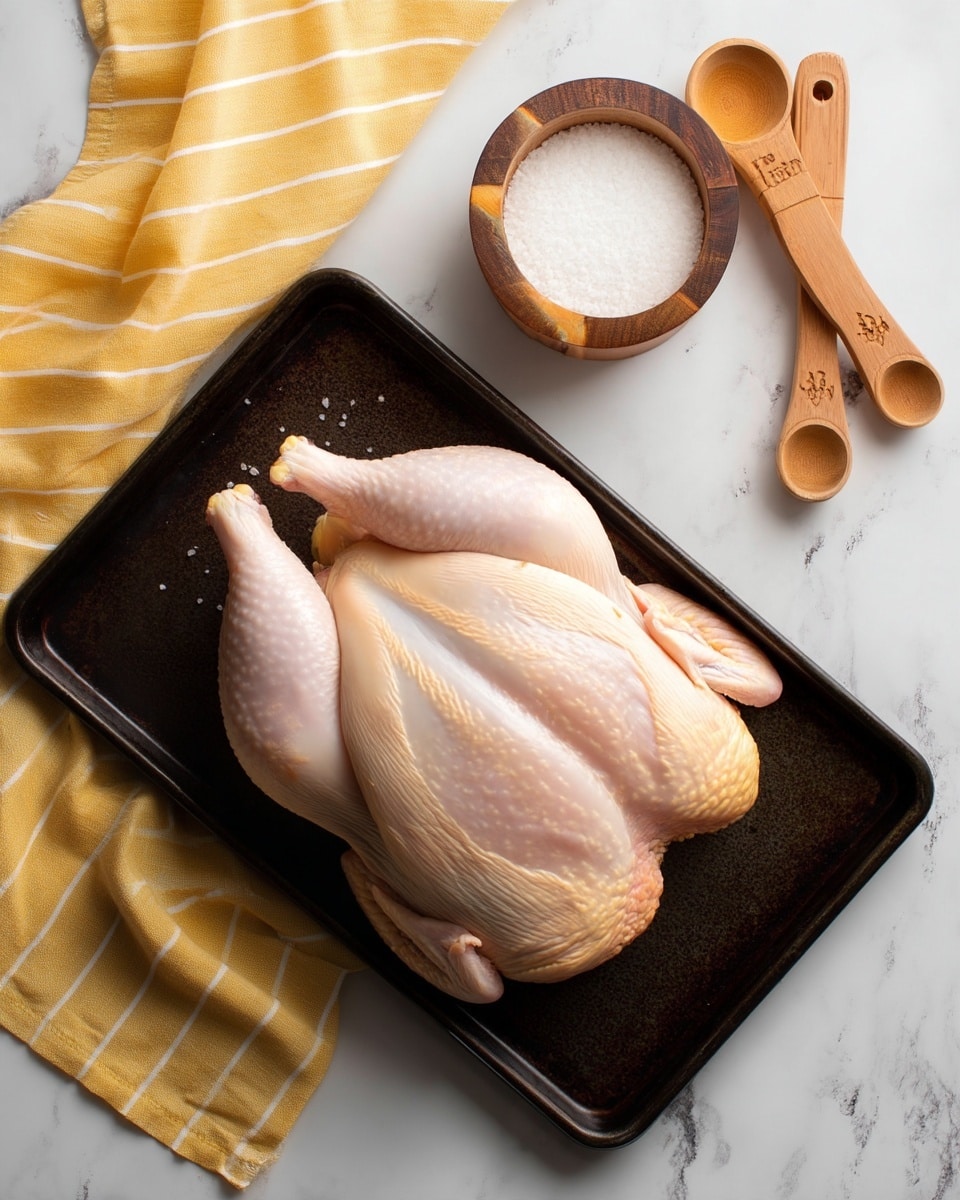 A whole raw chicken laid flat on a dark rectangular tray is centered in the image. The chicken’s pale skin is smooth with slightly visible texture and is spread out to clearly show the wings at the top edges and legs at the bottom. Above the tray, a small round wooden bowl filled with coarse white salt is placed next to two wooden measuring spoons with engraved marks, all resting on a white marbled surface. A yellow and white striped cloth is draped partially in the top left corner. The scene is bright and clean, with soft lighting highlighting the natural colors and textures of the chicken and wooden items. Photo taken with an iphone --ar 4:5 --v 7