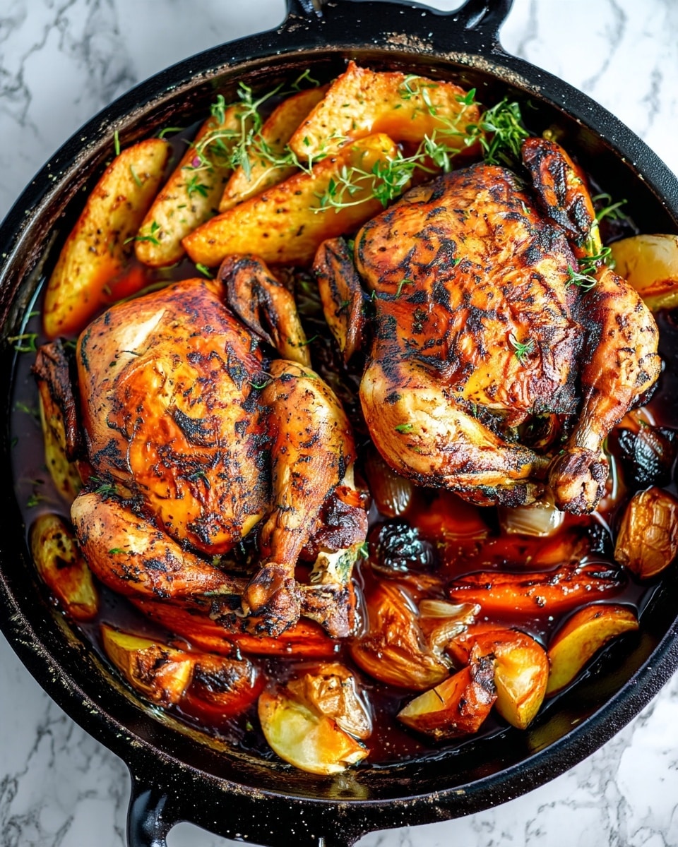 The image shows two whole roasted chickens, dark golden brown and seasoned with herbs, sitting in a large black cast iron pan filled with a rich, dark sauce. Around the chickens, there are three layers of vegetables: the top layer has golden browned potato wedges, the middle has roasted orange carrots, and the bottom layer has caramelized onions, all soaking slightly in the sauce. Small green herb sprigs are scattered over the chickens as garnish. The pan is placed on a white marbled surface, and the photo is taken from above, showing the juicy and well-roasted texture clearly photo taken with an iphone --ar 4:5 --v 7
