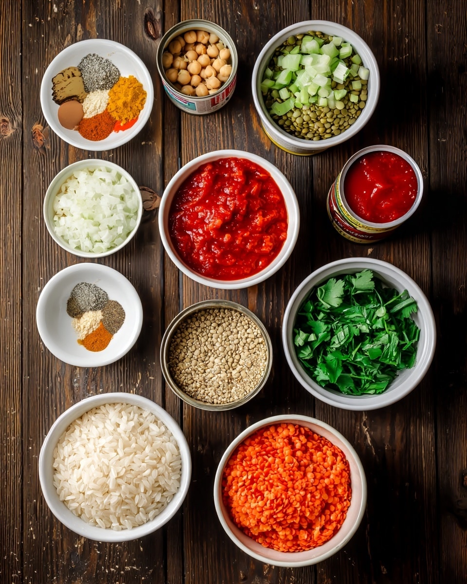 The image shows 11 white bowls and containers with different ingredients arranged on a dark wooden surface. Starting from top left, there is a small bowl with minced garlic, a bowl with chopped carrots and celery, a bowl with green lentils in the center, an open can of chickpeas, and two opened cans of red tomato sauce on the right. Below these, there is a small measure cup with white rice, a bowl with mixed spices including black pepper and turmeric, a large bowl of finely chopped onions, a bowl with red lentils, and a bowl filled with chopped fresh green herbs like cilantro. The bowls are neatly placed in two rows, and the textures and colors from pale white onions to bright red lentils and green herbs create a fresh and organized look photo taken with an iphone --ar 4:5 --v 7