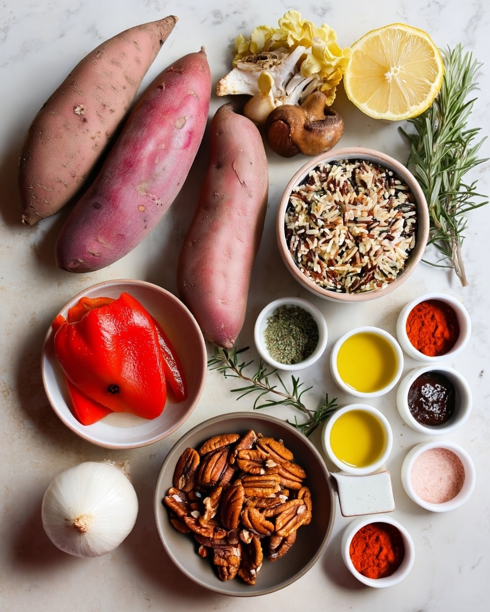 The image shows a flat lay of various cooking ingredients arranged on a white marbled surface. In the center are two whole sweet potatoes with a rough, purple skin. To the right is a small white bowl filled with a mix of wild and brown rice, showing layers of black, brown, and white grains. Below the rice bowl is a white bowl with bright red roasted red peppers. To the left of the rice is a gray bowl filled with whole pecan nuts that have a textured brown surface. Above the sweet potatoes are some mushrooms in different shapes and colors including light beige and yellow with wavy edges. A quartered white onion sits near the bottom left, with a sprig of rosemary nearby. Small white ramekins to the right hold various spices and condiments layered inside in shades of yellow oil, dark reddish sauce, pink salt, light yellow powder, green dried herbs, and bright red paprika. Near the top right are whole garlic cloves and one lemon half showing bright yellow inside. Photo taken with an iphone --ar 4:5 --v 7
