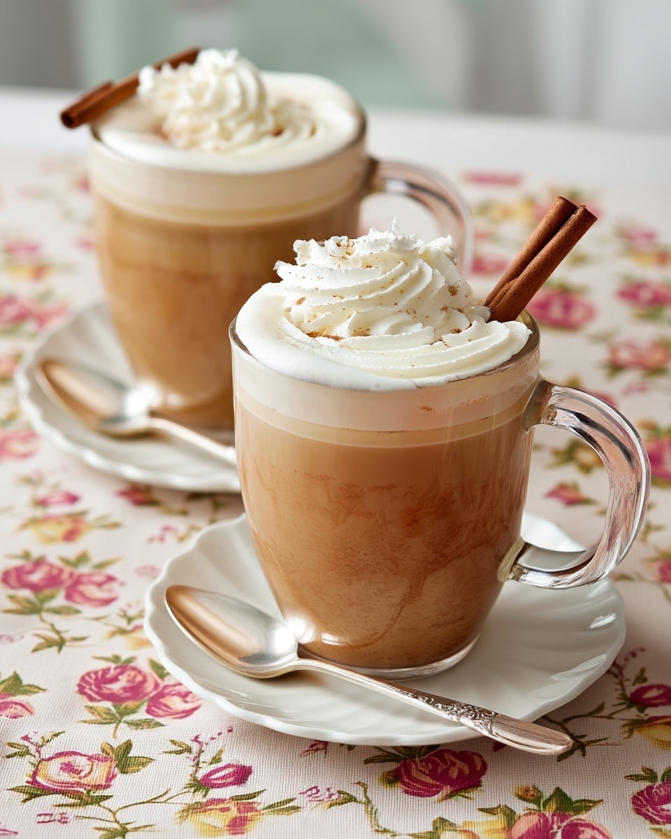 A clear glass mug filled with three layers: a light brown coffee base at the bottom, a thick layer of white frothy milk on top, and a swirl of white whipped cream with a light sprinkle of cinnamon dust on the very top. A dark brown cinnamon stick rests diagonally across the whipped cream. The mug sits on a white scalloped plate with a silver spoon beside it on a wooden tray, with a floral cloth background showing pink and yellow flowers. Photo taken with an iphone --ar 4:5 --v 7