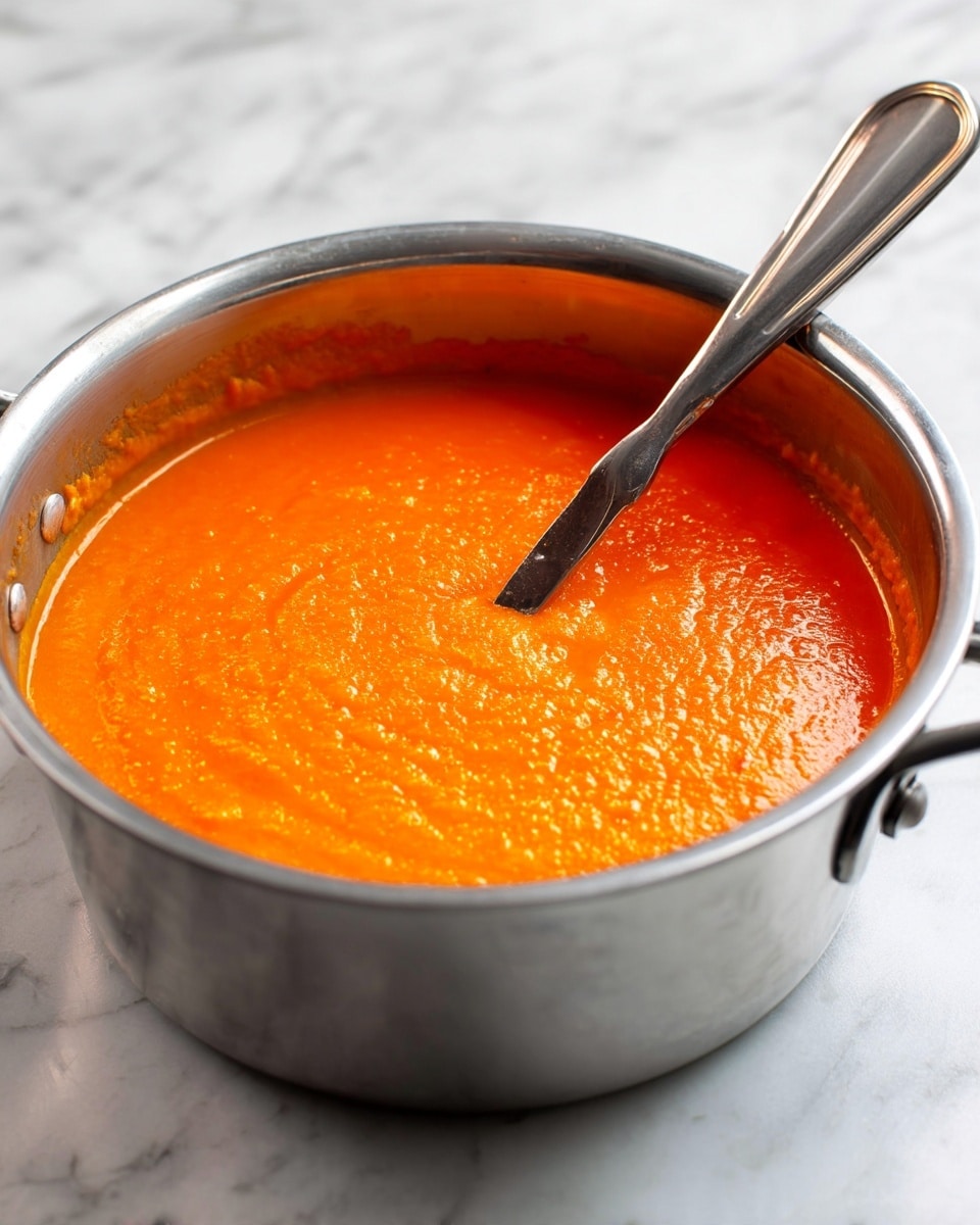 A close-up view of a shiny silver pot filled with thick, bright orange soup with a smooth and slightly textured surface. There is a metal spoon resting inside the pot, partially immersed in the soup, with its handle extending out to the right side. The pot sits on a white marbled surface that adds soft reflections and contrasts with the vivid soup color. The scene is simple and focuses on the rich color and creamy texture of the soup photo taken with an iphone --ar 4:5 --v 7
