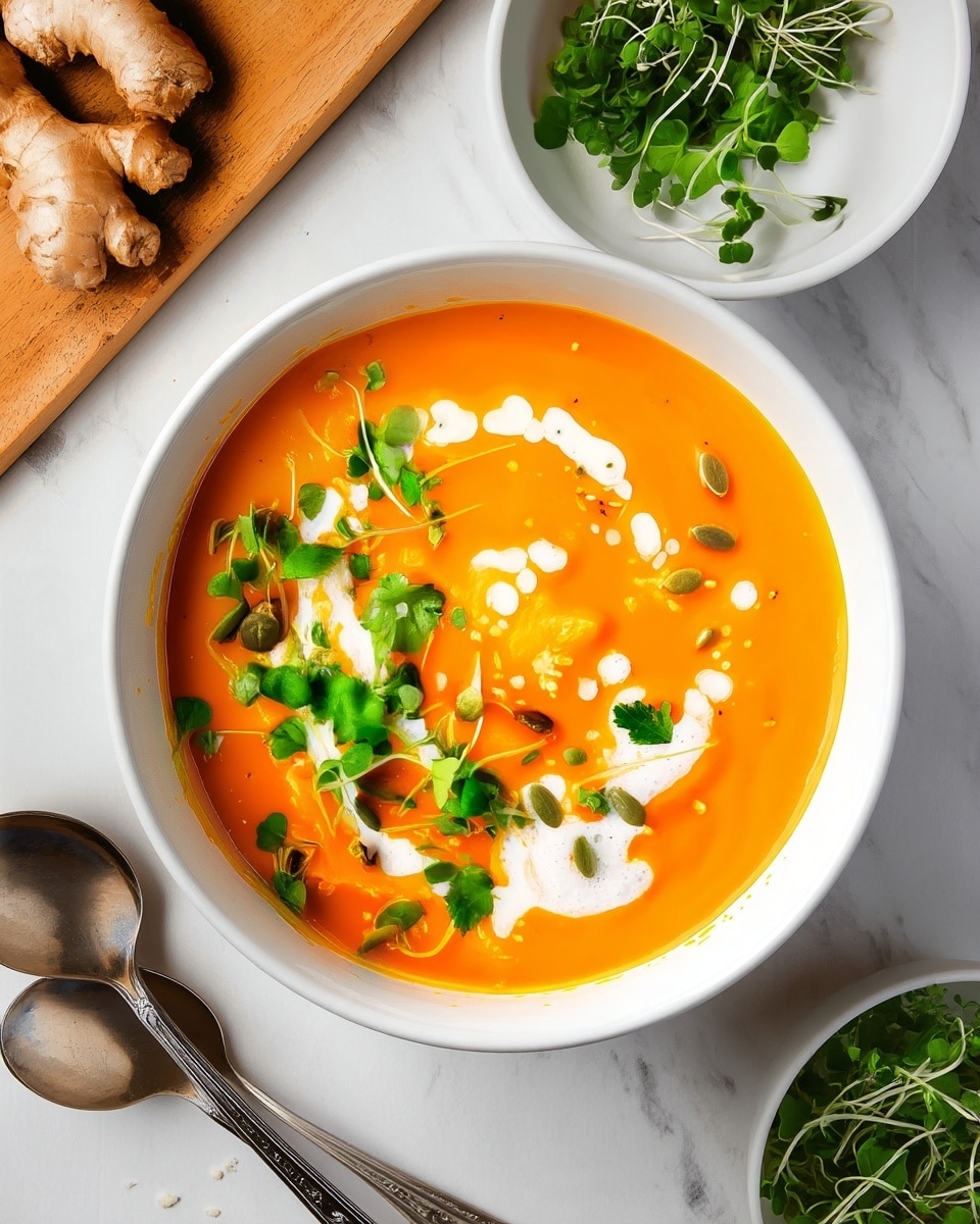 A round white bowl filled with bright orange creamy soup sits on a white marbled surface. The soup is smooth and thick, decorated with small dollops of white cream swirled gently on top. Fresh green herbs and microgreens are scattered over one side, adding a vibrant contrast with their leafy texture. There are a few green pumpkin seeds sprinkled around the herbs, giving a slight crunch look. Around the bowl are a wooden board with fresh ginger pieces, a white bowl with fresh green herbs, and a white plate containing pumpkin seeds. Two silver spoons lay to the left side near the bowl. Photo taken with an iphone --ar 4:5 --v 7