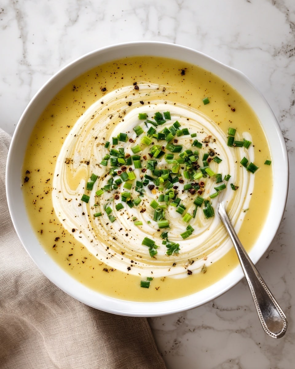 A white bowl filled with smooth light yellow soup, topped with a thick white cream swirl that covers most of the surface. There are chopped green herbs sprinkled in the center of the cream swirl, with small black pepper bits scattered evenly around the top. A silver spoon rests inside the bowl on the right edge, partially covered by the cream. The bowl sits on a white marbled surface with a beige cloth partially visible underneath. photo taken with an iphone --ar 4:5 --v 7
