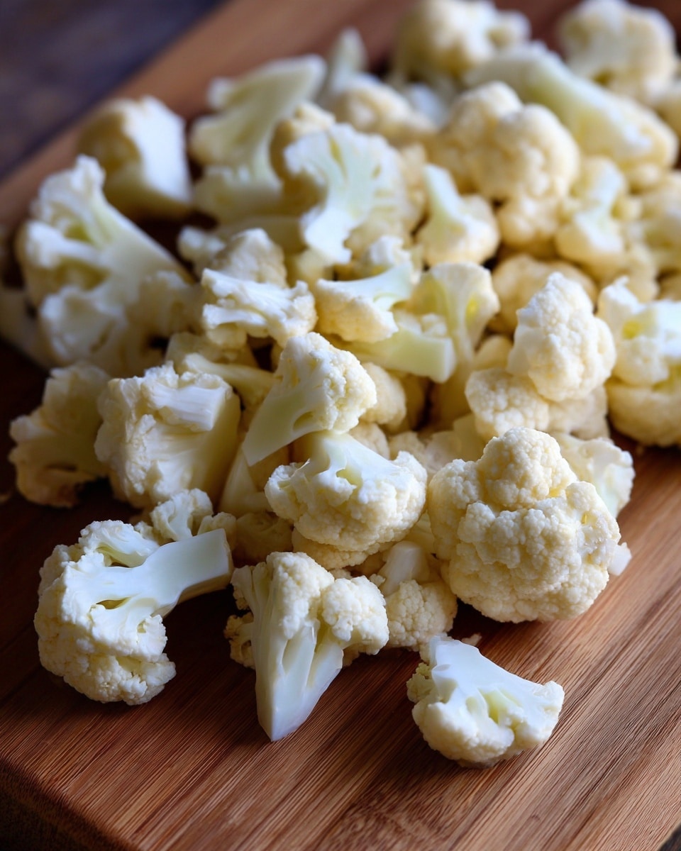 A close-up view of many small pieces of light cream cauliflower florets spread unevenly over a wooden board with a clear wood grain texture, showing a mix of soft and rough surfaces on the cauliflower. Photo taken with an iphone --ar 4:5 --v 7