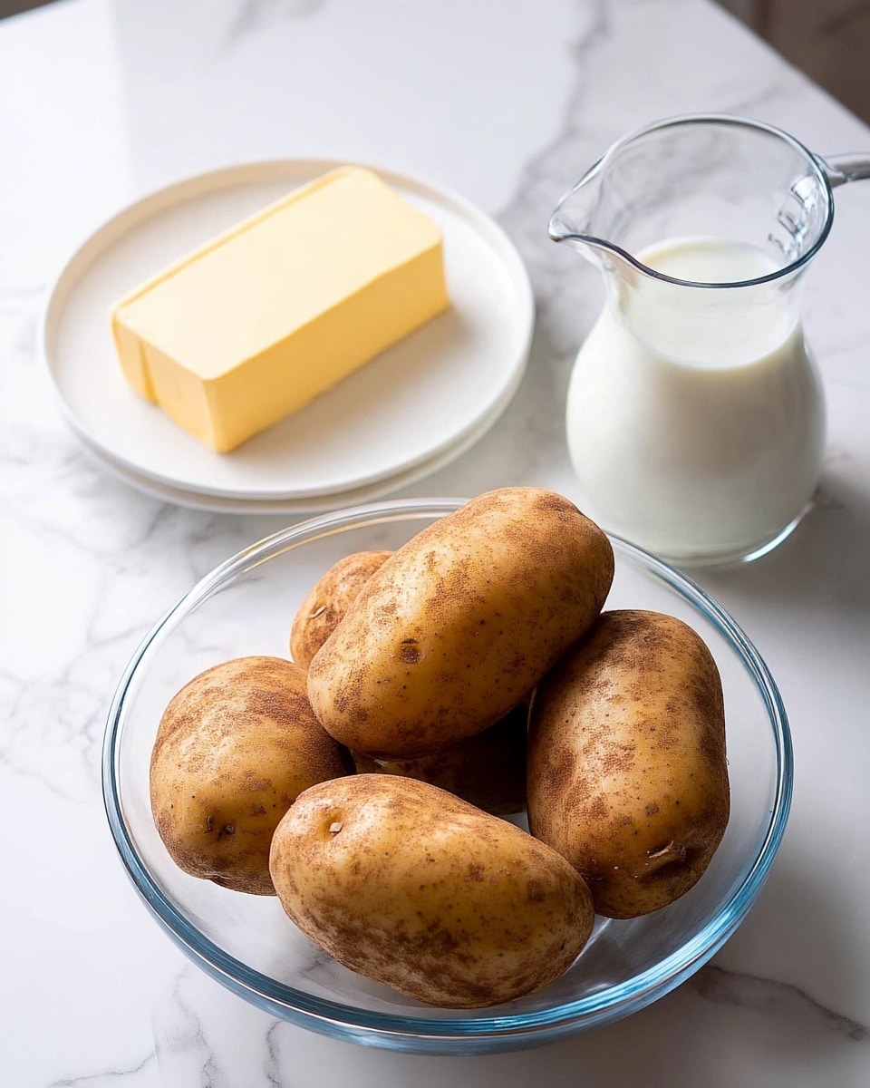 The image shows a clear glass bowl filled with five large, brown, unpeeled potatoes on a white marbled surface. To the left of the bowl, there is a small white plate holding a square of yellow butter and a clear glass jug containing white milk. The setup is simple, with the ingredients spaced evenly and softly lit. photo taken with an iphone --ar 4:5 --v 7