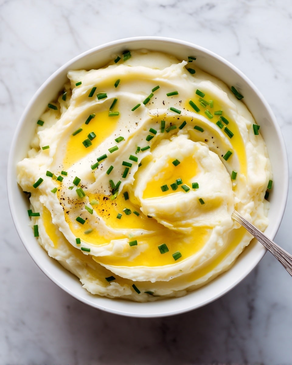 This image shows a close-up of mashed potatoes on a white plate with a smooth and creamy texture. The mashed potatoes form a thick, swirled layer with small peaks and valleys, with melted butter pooling in the center and drizzling down the sides, giving a rich yellow shine. Scattered on top are small pieces of green chives and some black pepper specks, adding color contrast. A spoon is partially lifting some mashed potatoes from the plate, showing the soft and fluffy consistency. The background is a white marbled surface photo taken with an iphone --ar 4:5 --v 7
