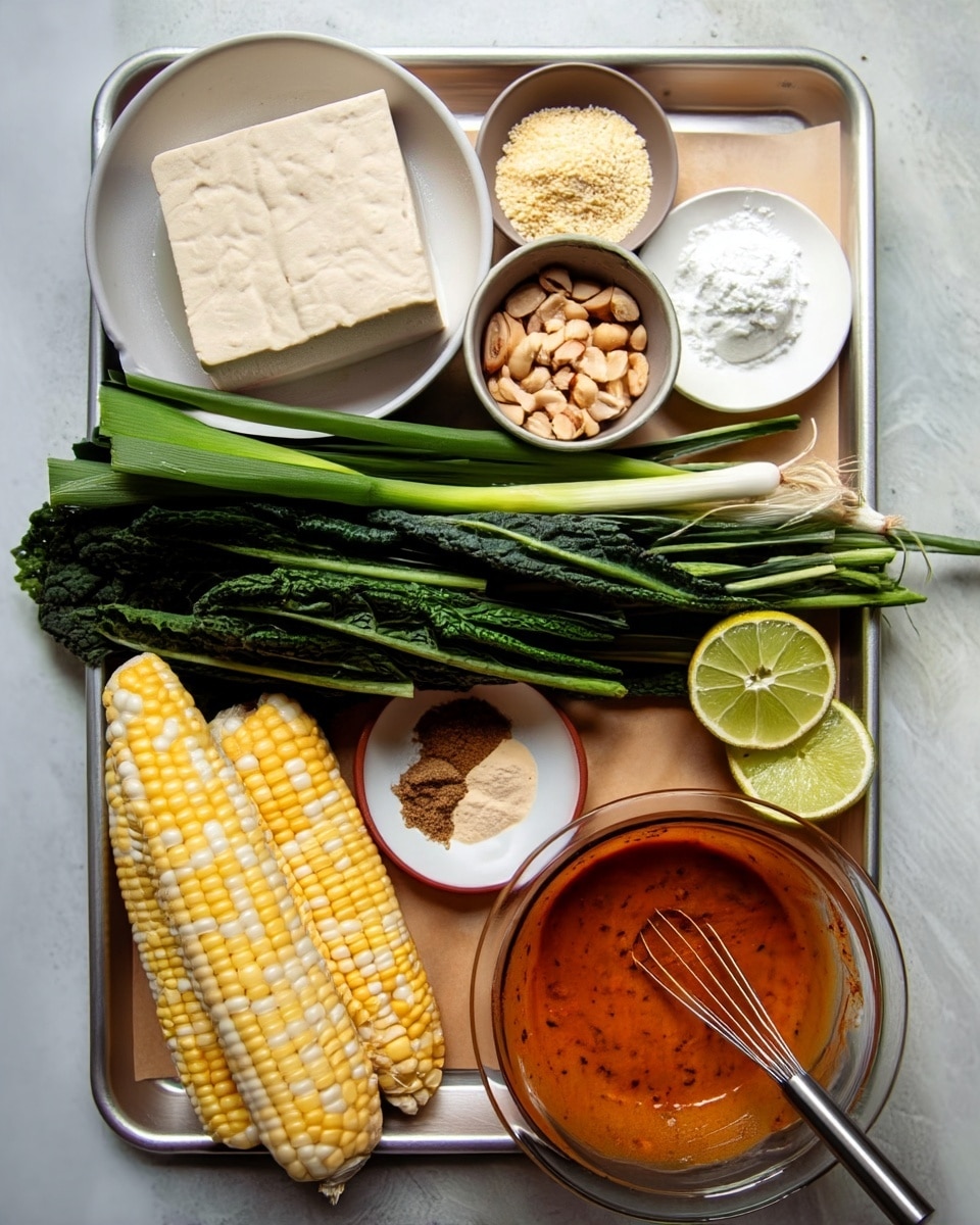 A metal tray holds fresh ingredients arranged neatly on a white marbled surface. On the left side, there are two ears of yellow and white corn placed next to three long dark green kale leaves and several green onions with white bulbs. Above them sits a white plate with a large block of pale tofu. Surrounding the tofu are three small white bowls: one with light yellow cornmeal, one with pale white flour, and one with light brown peanuts. In the middle of the tray is a small white plate with three ground spices in shades of light beige, brown, and dark brown. On the right side, two lime halves rest beside a clear glass bowl filled with a thick orange-red sauce with black specs, with a metal whisk inside. photo taken with an iphone --ar 4:5 --v 7