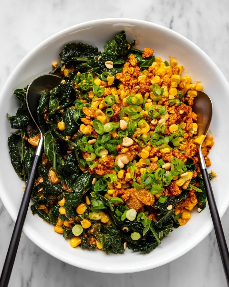 A white bowl filled with a colorful dish showing three main layers. The bottom layer consists of dark green leafy kale with a wrinkled texture. On top of the kale, there are bright yellow corn kernels scattered evenly. The third layer has golden brown crunchy pieces mixed throughout, garnished with small chopped green onions and light tan peanut pieces. Two silver spoons with black handles are placed on opposite sides in the bowl. The bowl sits on a white marbled surface. Photo taken with an iphone --ar 4:5 --v 7