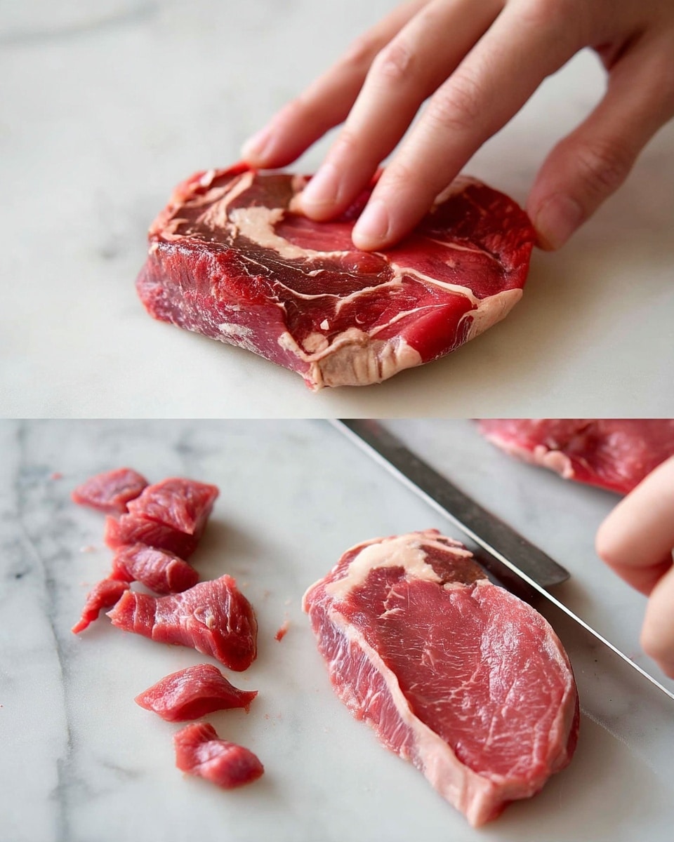 Two raw red meat slices with white fat veins lay on a white marbled surface in the top part of the image. Below, on the left, a woman's hand presses down on one meat slice on the same surface, flattening it. To the right of that, there is a close-up of a strip of meat being sliced thinly with a knife just above the white marbled surface. Below these, on the left, are small pieces of cut meat and fat separated on the white marbled surface. photo taken with an iphone --ar 4:5 --v 7