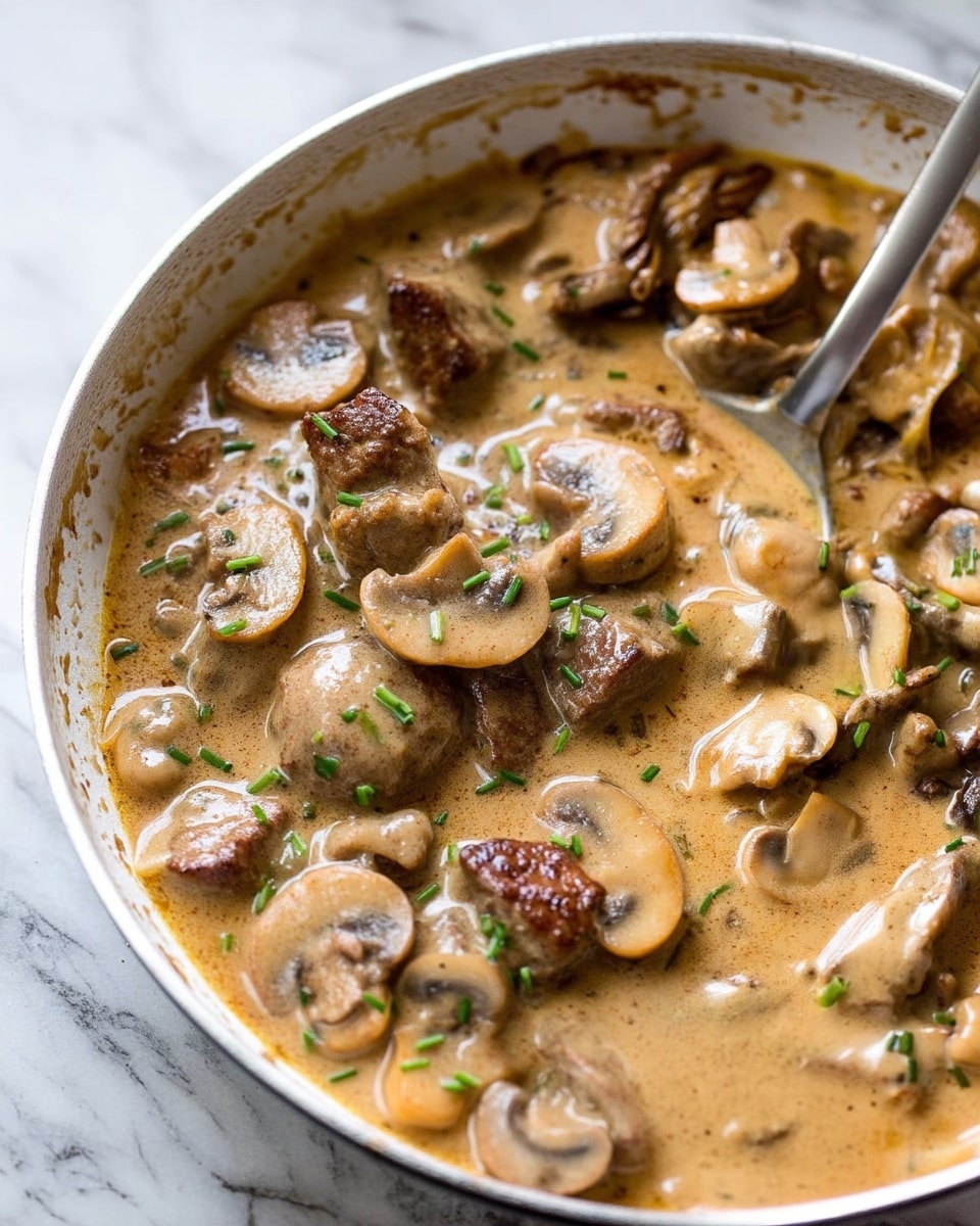 This image shows a close-up of a creamy brown sauce filled with slices of cooked mushrooms and pieces of browned meat. The sauce looks thick and smooth, covering the ingredients evenly with a light beige color. Small green chopped herbs are sprinkled on top, adding a fresh contrast. The food is inside a white skillet with a silver spoon partially visible, resting in the sauce. The background is a white marbled surface. photo taken with an iphone --ar 4:5 --v 7