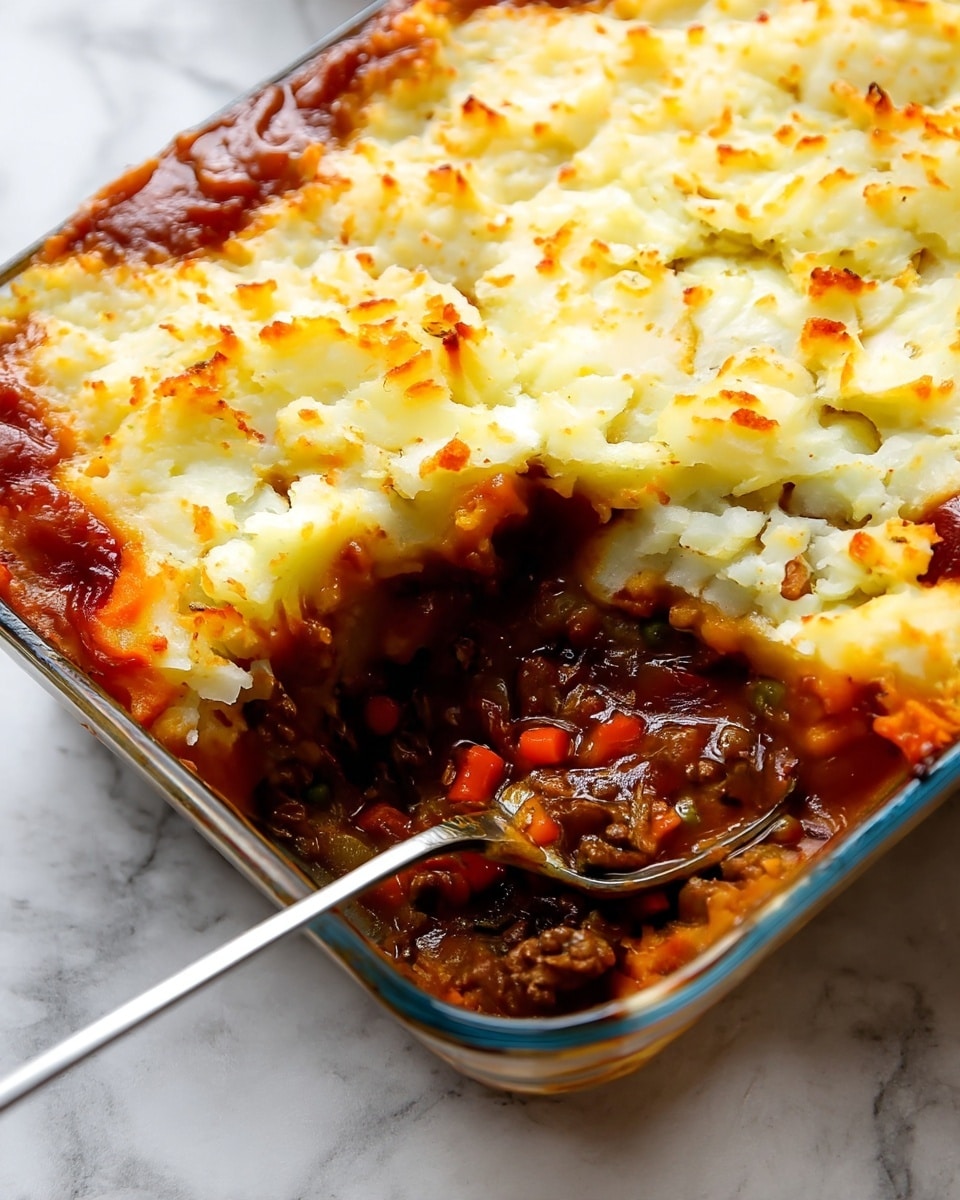 A close-up of a rectangular glass baking dish filled with a two-layer shepherd's pie. The top layer is thick, fluffy mashed potatoes with a light golden brown crust, showing some texture and small browned spots. The bottom layer is a rich, dark brown meat and vegetable stew with visible small chunks of carrots and other vegetables, glossy from the sauce. A silver spoon is partially dipped into the stew, resting near the bottom right corner of the dish. The dish is placed on a white marbled surface. photo taken with an iphone --ar 4:5 --v 7