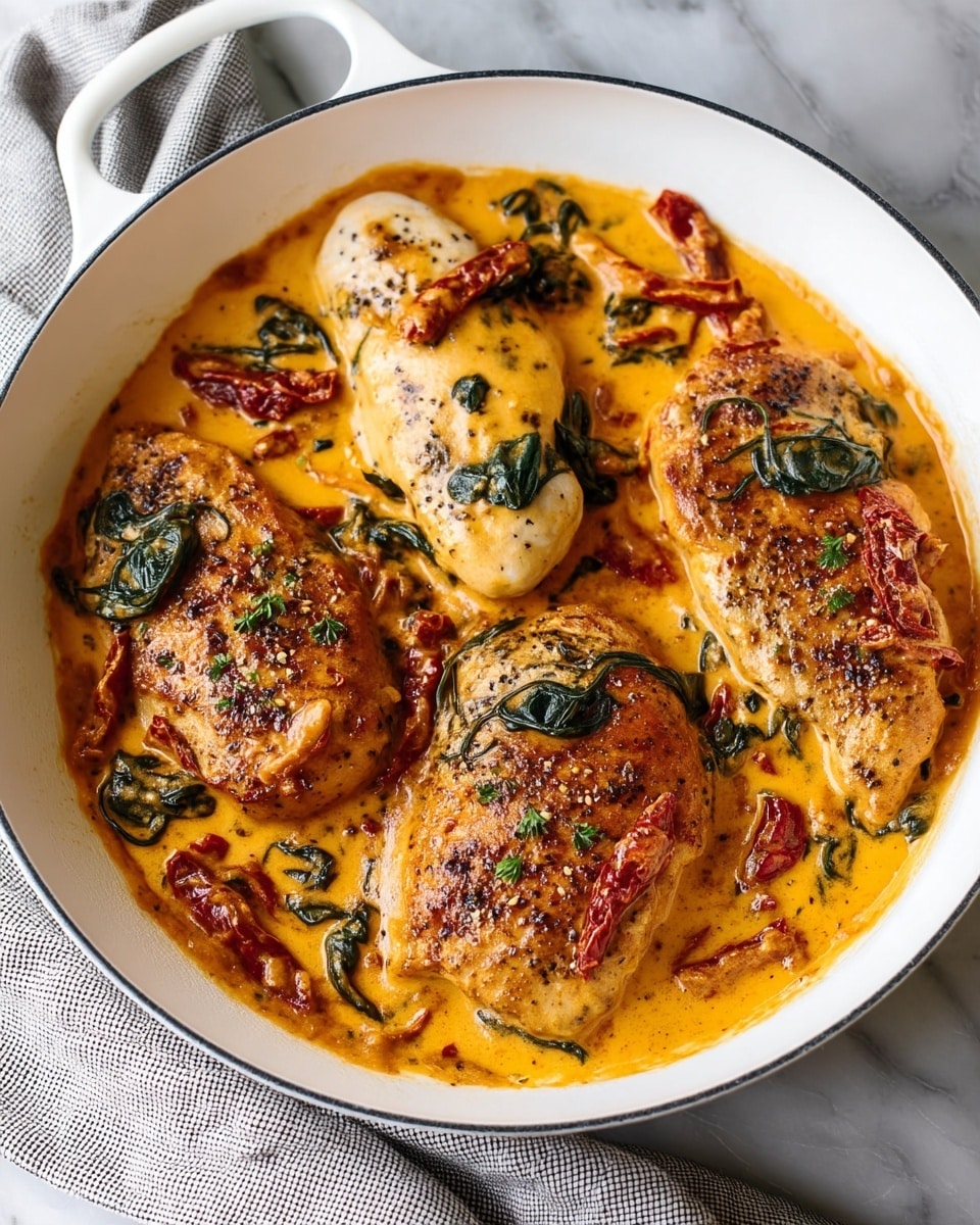 The image shows three light brown cooked chicken pieces in a white pan, covered with a creamy orange-colored sauce. The sauce is thick with visible green spinach leaves and red sun-dried tomatoes scattered on top and around the chicken. The chicken looks tender and moist with some pepper sprinkled on it, while the sauce has a smooth texture with herbs mixed in. The pan is placed on a white marbled surface photo taken with an iphone --ar 4:5 --v 7