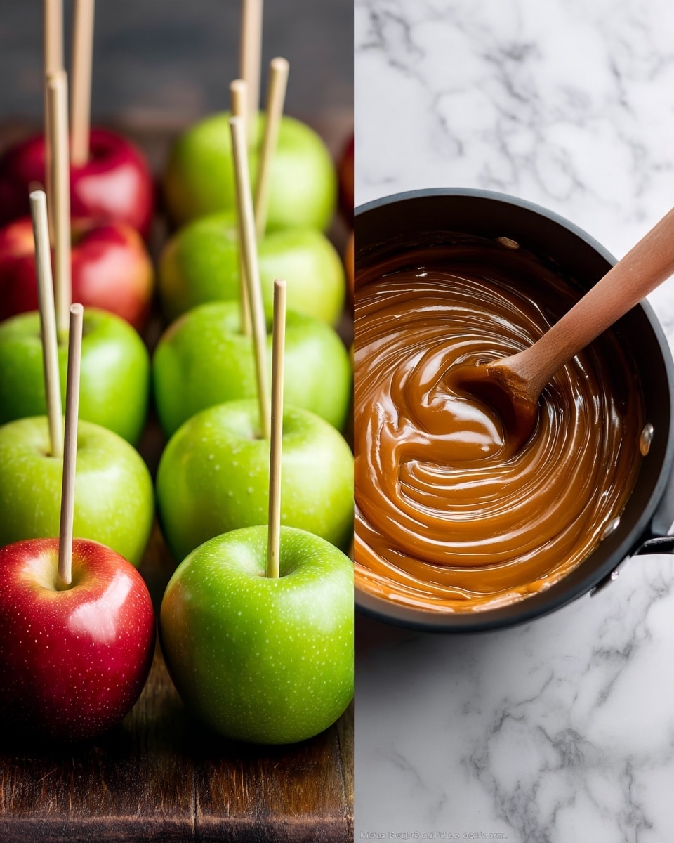 The left side shows a row of whole apples standing upright on a dark wooden surface with long wooden sticks inserted into their tops; most apples are bright green with one red apple at the front left, all shiny and smooth with tiny white dots. On the right side, there is a black saucepan filled with thick, smooth caramel sauce that is a warm golden brown color, and a wooden spoon resting inside it with caramel smoothly swirled around, all placed on a white marbled surface. photo taken with an iphone --ar 4:5 --v 7