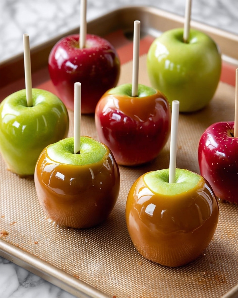 The image shows six apples coated in a shiny caramel layer, each apple pierced with a white stick from the top center. Five of the apples are green with a smooth, glossy caramel coating that has a warm, rich amber color, and one apple is red with the same caramel covering. The apples are all placed on a textured baking mat with a light brown color that contrasts with the smooth caramel. The sticks are centered straight into the apples, giving a neat look. The background around the baking mat has a white marbled texture, adding a clean feel to the scene. photo taken with an iphone --ar 4:5 --v 7