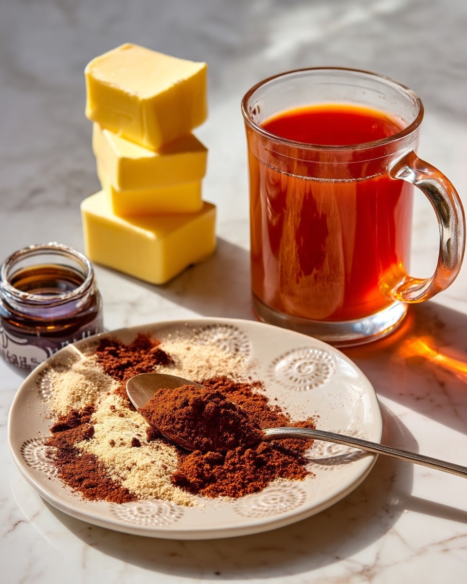 The image shows a small white plate with brown and light tan powdered spices spread on it, with a silver spoon resting on top holding some of the spice mix. To the right of the plate is a transparent glass mug filled with a reddish-orange liquid. Behind the plate, there is a stack of four yellow butter cubes and a small dark brown jar with a partially visible label. The scene is set on a white marbled surface with soft light creating shadows. photo taken with an iphone --ar 4:5 --v 7