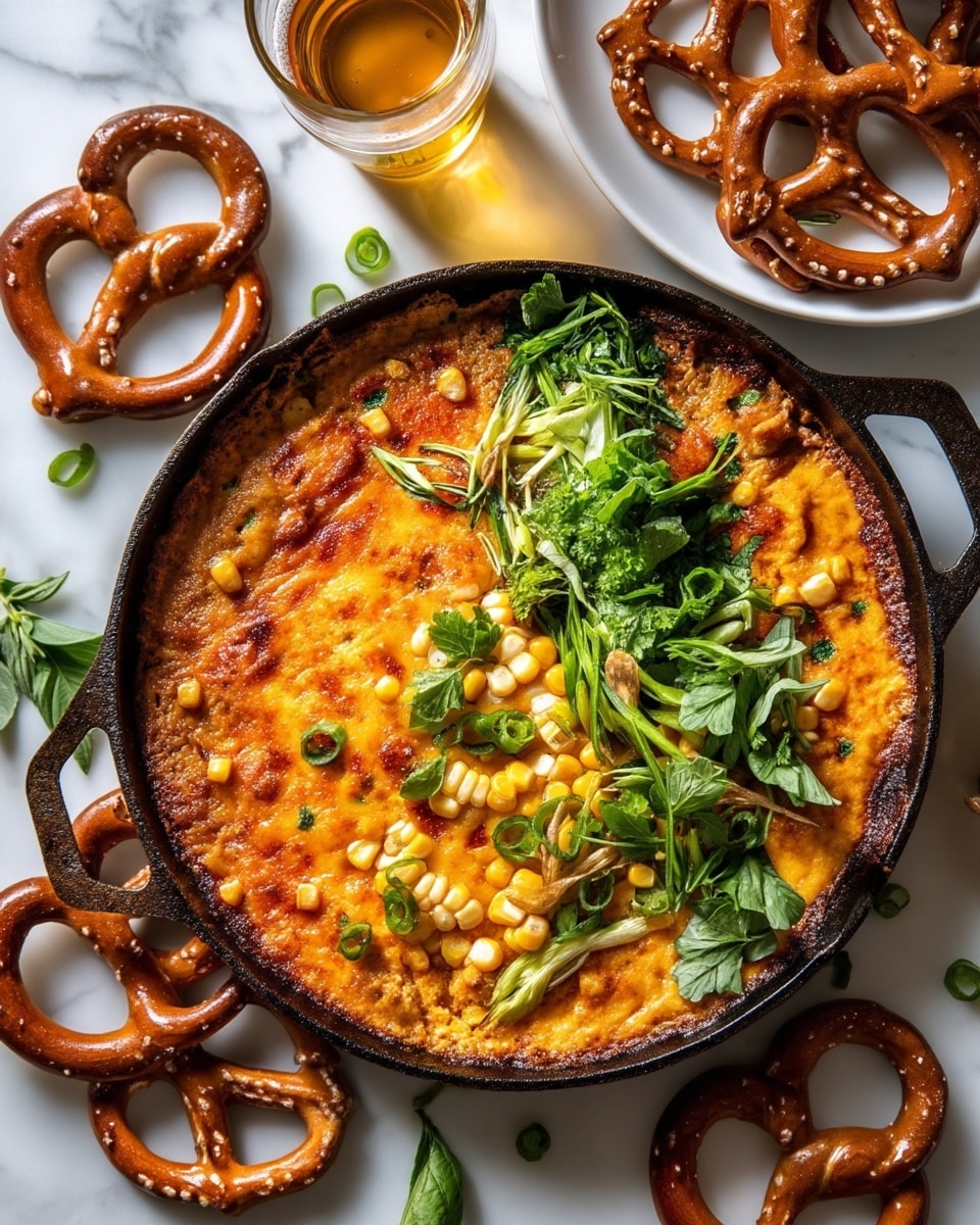 A cast iron pan filled with a rich, golden brown baked cheese layer sits in the center, topped with fresh green herbs like basil, cilantro, and sliced green onions arranged mostly on the right side. Scattered bright yellow corn kernels are visible throughout the cheesy top, which has a slightly crispy texture. Around the pan, there are several glossy brown pretzels with salt crystals on them, some resting on a white plate to the upper right, also topped with some cheesy food and herbs. Two clear glasses with a golden liquid are placed nearby. The whole scene is set on a white marbled surface with soft natural light, showcasing a warm and hearty meal. photo taken with an iphone --ar 4:5 --v 7