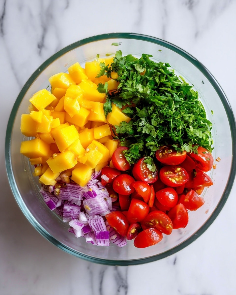 A clear glass bowl on a white marbled surface holds four main layers of ingredients arranged separately: bright yellow diced mango pieces take up about one-third of the bowl, fresh chopped green cilantro leaves sit closely along one edge, finely diced purple onion spreads next to the mango and cilantro, and vibrant red chopped cherry tomatoes fill the remaining space. Each ingredient is fresh and colorful, clearly showing their textures, all ready to be mixed. photo taken with an iphone --ar 4:5 --v 7