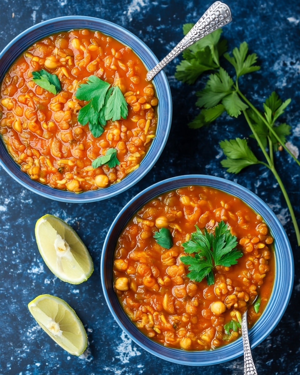 Two blue bowls filled with thick orange lentil stew, showing a rich texture with visible chickpeas and small bits of vegetables. Each bowl is topped with several bright green parsley leaves, adding a fresh look. One bowl has a silver spoon resting on the side, partly dipped in the stew. Nearby, there are three lime wedges with light green flesh on a dark surface. The background is changed to a white marbled texture. photo taken with an iphone --ar 4:5 --v 7