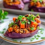 Wild Rice Stuffed Sweet Potatoes with Red Pepper Sauce and Herb-Roasted Pecans Recipe