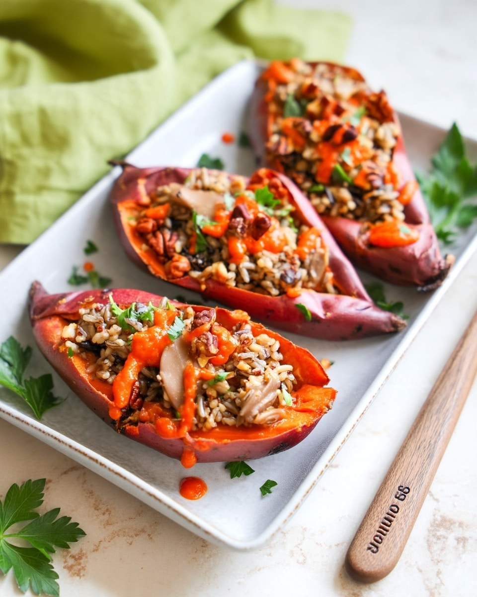 A stuffed purple sweet potato is placed on a white plate with a green rim. The sweet potato is halved and hollowed, filled with a mix of cooked rice, orange pieces, and brown nuts, topped with scattered bright green chopped herbs. The sweet potato skin has a rough texture and a deep purple color, while the filling shows a mix of soft and crunchy textures with warm orange, brown, and green hues. The plate sits on a white marbled surface, with a blurred background showing more stuffed sweet potatoes on a tray. Photo taken with an iphone --ar 4:5 --v 7