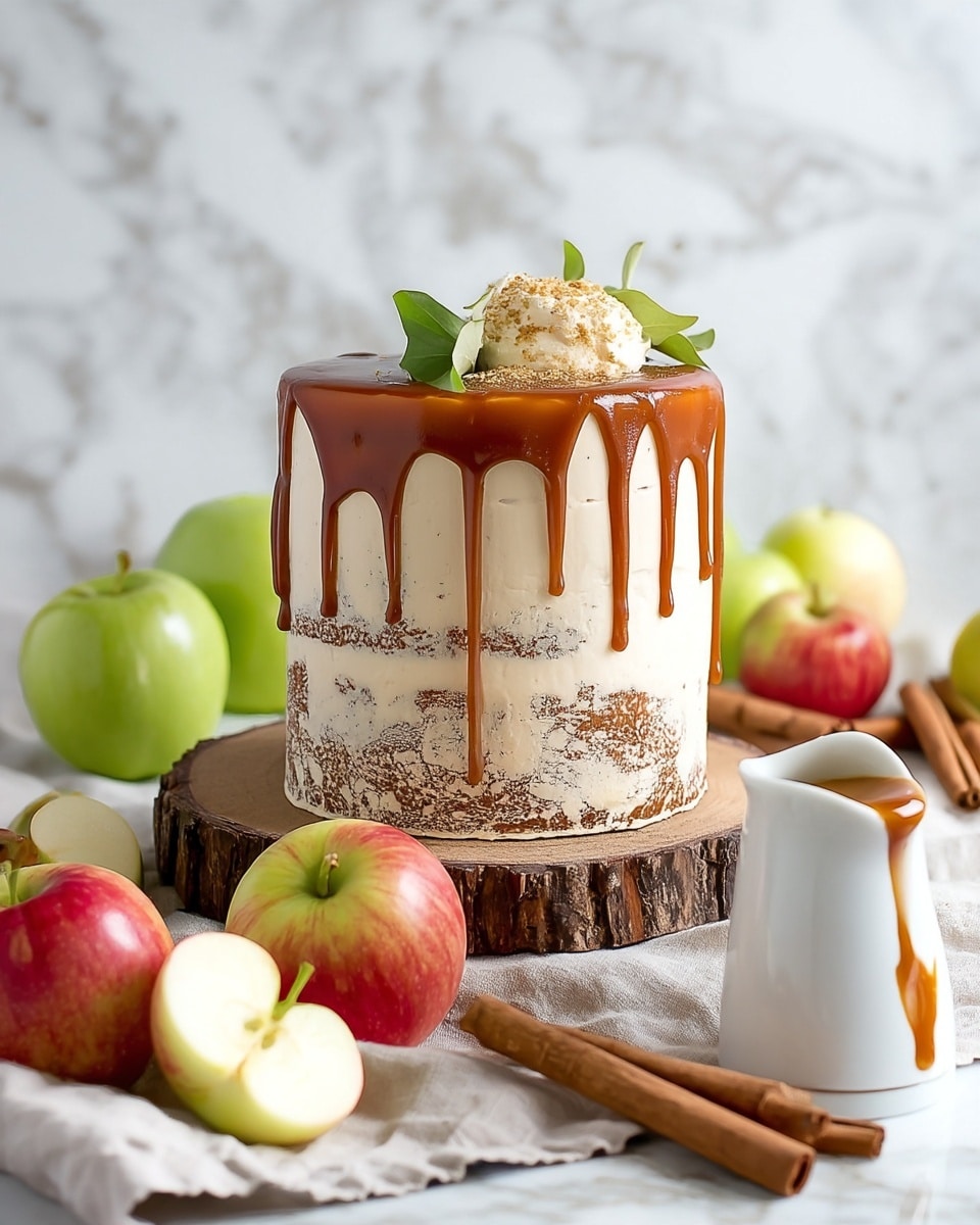 A tall two-layer cake sits on a round wooden slab with textured bark edges, featuring a bottom layer of light brown cake partially covered by smooth, creamy off-white frosting with small dark specks. The top is covered in thick, shiny caramel sauce dripping in thick streams down the smooth sides. Nearby, a white pitcher shows some caramel drips on its edge, placed on a soft grey cloth with cinnamon sticks in the foreground. The scene has a rustic feel with a wooden plank background replaced by a white marbled texture. Photo taken with an iphone --ar 4:5 --v 7