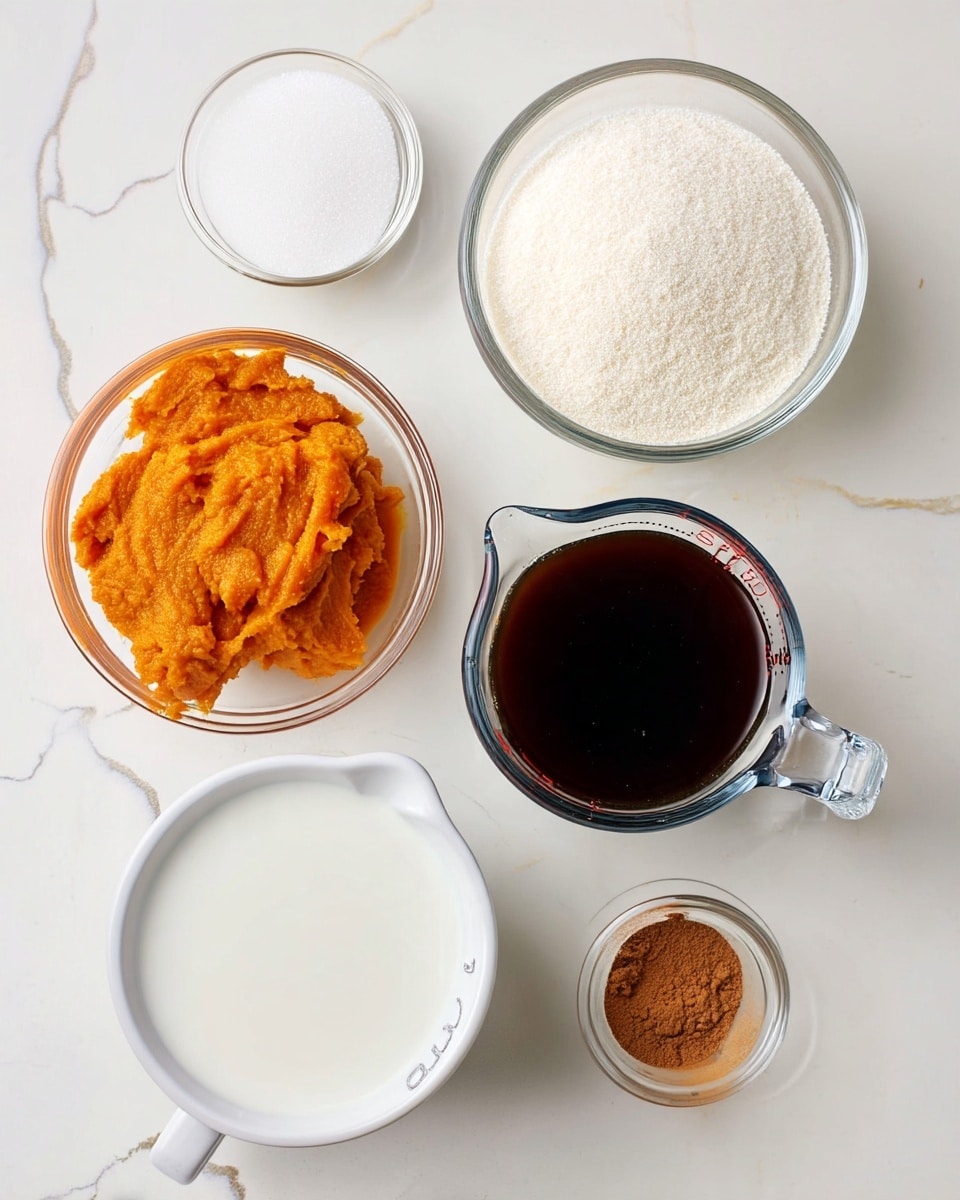 The image shows five small containers arranged on a white marbled surface. At the top left is a small clear glass bowl filled with fine white granulated sugar. Below it, there is another clear glass bowl containing thick, bright orange pumpkin puree with a smooth but slightly textured surface. To the right, near the center, there is a clear glass measuring cup filled with dark brewed coffee, showing a shiny, smooth liquid surface. Below the coffee cup, a small clear glass bowl holds a light brown powder of pumpkin pie spice. At the bottom left, a white measuring cup with a handle is filled with whole milk, which is smooth and white. Each ingredient is labeled with simple text above or below its container. Photo taken with an iphone --ar 4:5 --v 7