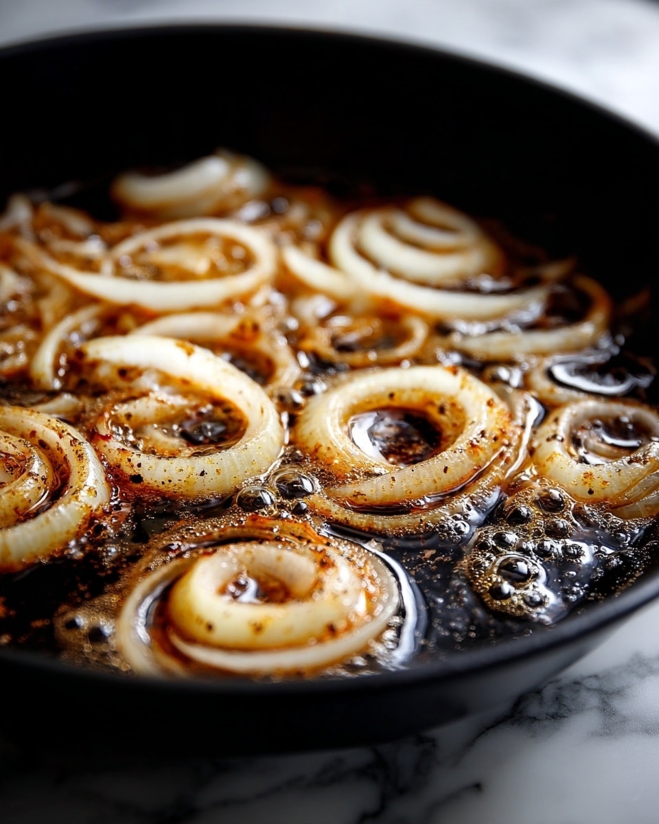 A black skillet filled with thinly sliced onions frying in hot oil. The onions have a light golden color with some parts turning brown as they cook in bubbling, sizzling oil. The texture looks soft with some slight crispiness forming at the edges. The background is a white marbled texture. Photo taken with an iphone --ar 4:5 --v 7