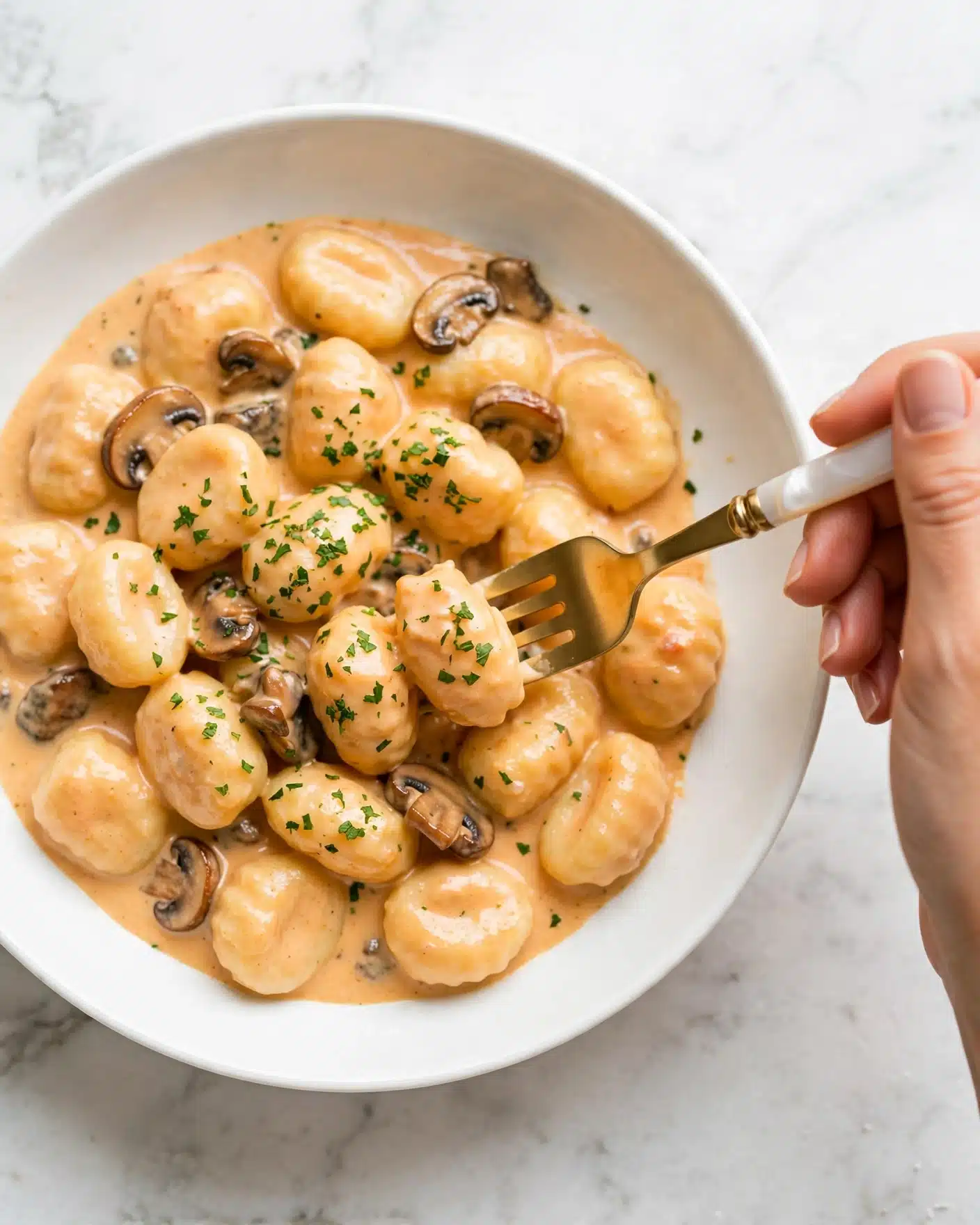 A white bowl holds a creamy dish of gnocchi covered in a smooth, light orange sauce with small bits of browned mushrooms mixed in. The gnocchi pieces are plump and soft, coated evenly by the sauce, and topped with a sprinkle of finely chopped green herbs. A gold and white fork is digging into the food, held by a woman's hand on the right side of the image. The bowl sits on a white marbled surface, adding a clean and bright feel to the photo taken with an iphone --ar 4:5 --v 7