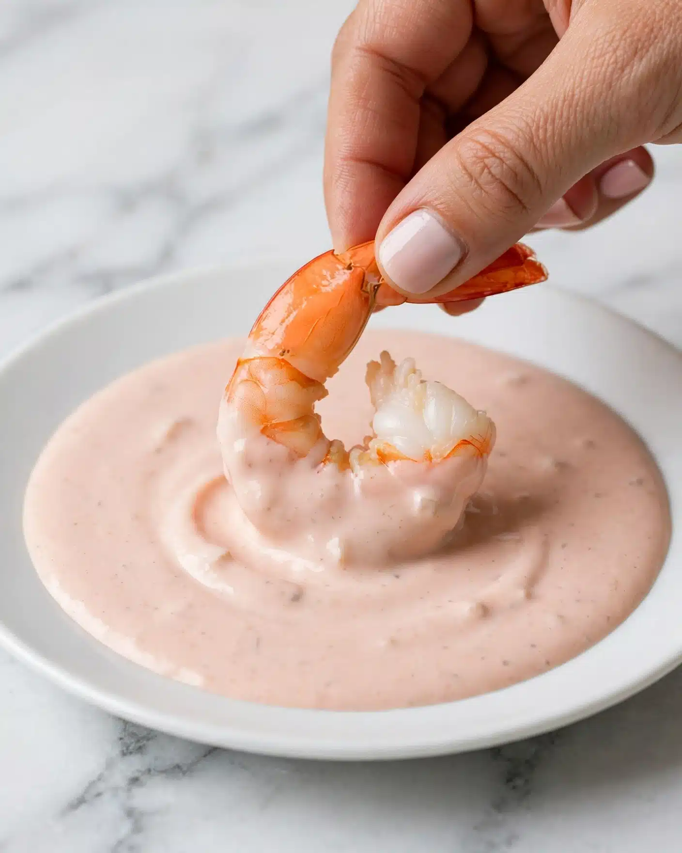 A close-up of a white plate filled with a light pink creamy sauce. A peeled shrimp with an orange tail is being dipped into the sauce by a woman's hand, showing the smooth texture of the sauce coating the shrimp halfway. The white marbled surface under the plate adds a clean and simple background. photo taken with an iphone --ar 4:5 --v 7