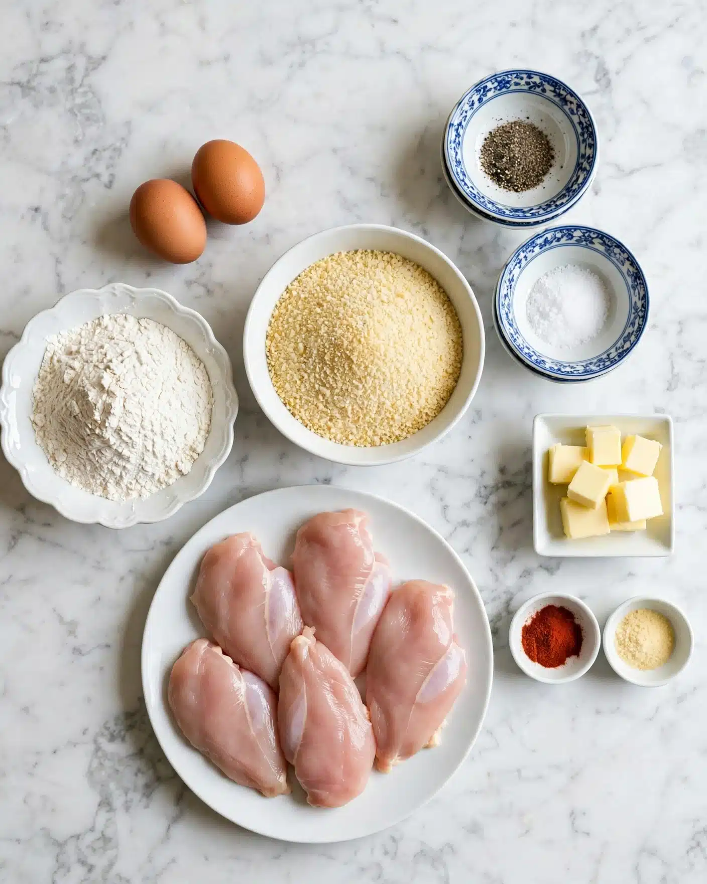 Oven Fried Chicken Recipe 4 A top-down view of raw cooking ingredients arranged neatly on a white marbled surface: in the center bottom, a white plate holds five raw pale pink chicken pieces; above it, a round white bowl is filled with light yellow breadcrumbs; to the left of breadcrumbs, a scalloped white bowl contains white flour; two brown eggs sit side by side above the flour; to the right of breadcrumbs, two small white bowls with blue patterned rims hold black pepper and white salt, stacked vertically; on the far right, a small white square dish is filled with pale yellow butter cubes; below it, two tiny white bowls contain red paprika powder and pale yellow garlic powder; all ingredients are well spaced and clearly visible photo taken with an iphone --ar 4:5 --v 7