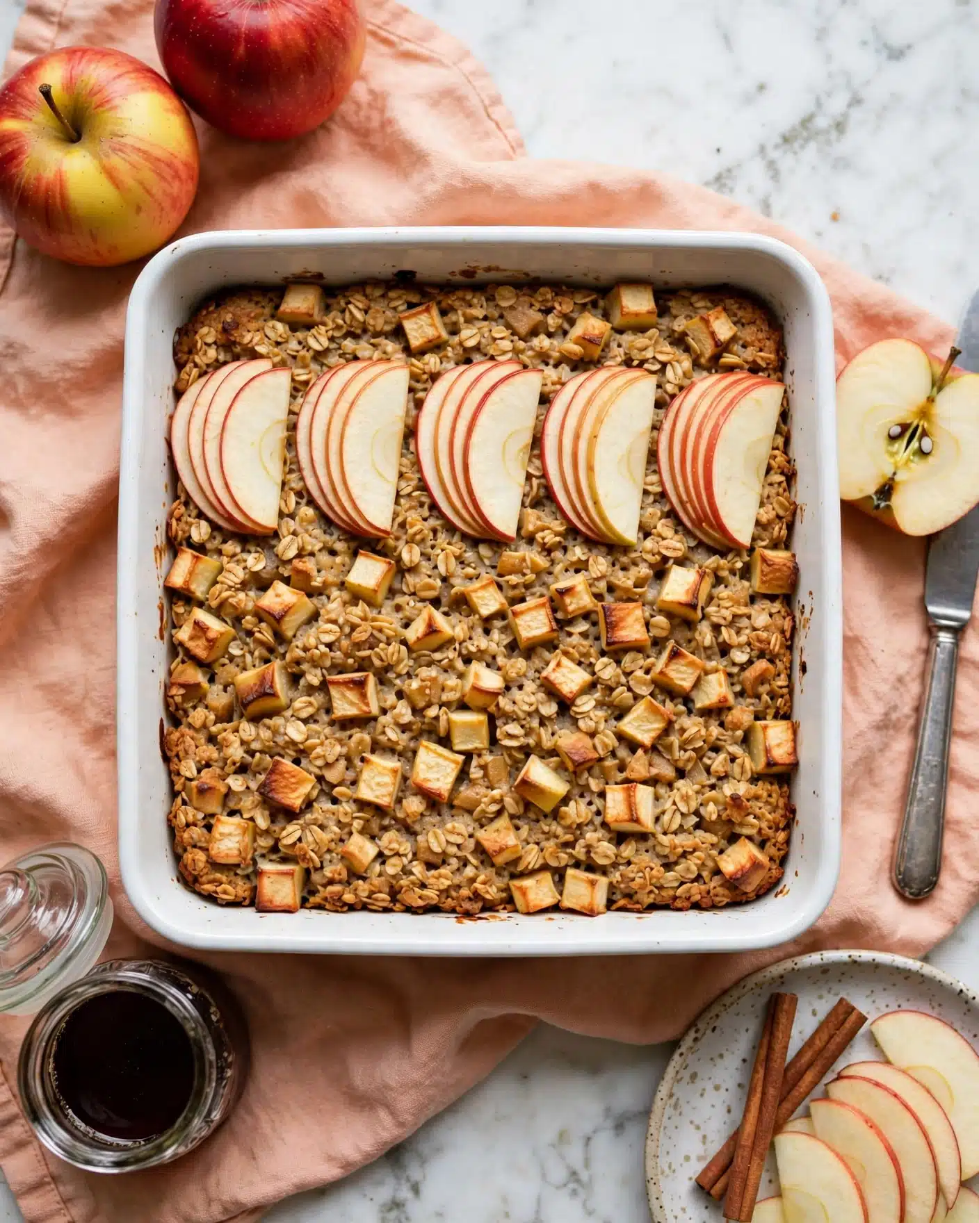A white rectangular baking dish filled with a baked oatmeal dish, showing a textured top made of golden brown oats with small chunks of apple pieces mixed throughout. On top, four small groups of thinly sliced apple pieces are arranged in layered, fan-like clusters spaced evenly. The dish is placed on a soft peach-colored cloth with a quarter apple, a knife with a white marbled background, and a round white plate with two cinnamon sticks and another apple quarter near it. A dark liquid in a glass is also partly visible at the bottom. The whole scene is set on a white marbled surface. Photo taken with an iphone --ar 4:5 --v 7
