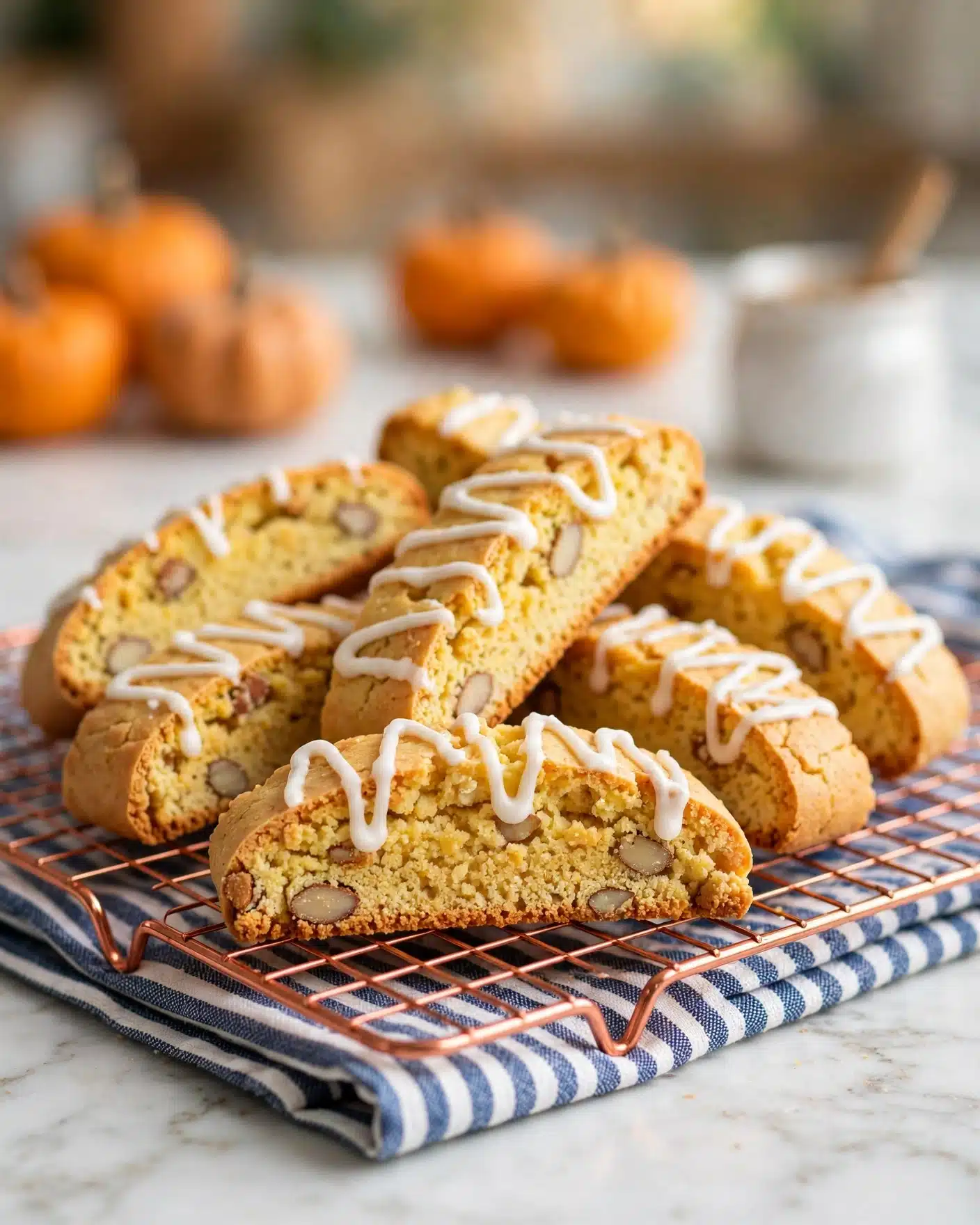 The image shows two small square pumpkin bars stacked on top of each other on a white marbled surface. Each bar has an orange-brown color with a soft and moist texture visible in the crumb. The top bar is slightly tilted, revealing both the dense cake inside and a smooth, pale cream cheese frosting layer on top. Thin white icing lines are drizzled evenly across the front of the bottom bar, adding decorative detail. In the blurred background, there is a whole pumpkin and more bars with the same icing on a white marbled surface next to a blue and white cloth. A partly visible white cup is also in the background. The overall mood is warm and cozy, highlighting the dessert’s texture and frosting photo taken with an iphone --ar 4:5 --v 7