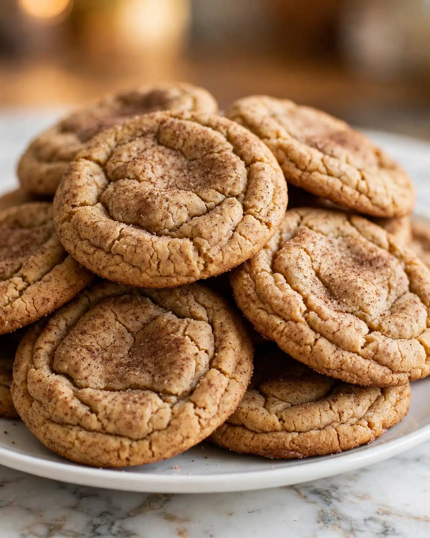 Pumpkin Snickerdoodles Recipe 5 A close-up view of a white plate filled with golden brown cookies that are round and slightly puffy. Each cookie has a rough, crackled surface with a light dusting of cinnamon sugar giving a speckled darker brown texture. The cookies are stacked and overlapping, showing their thick, soft texture with some subtle wrinkles on top. The plate sits on a white marbled surface with a blurred background in warm colors. Photo taken with an iphone --ar 4:5 --v 7