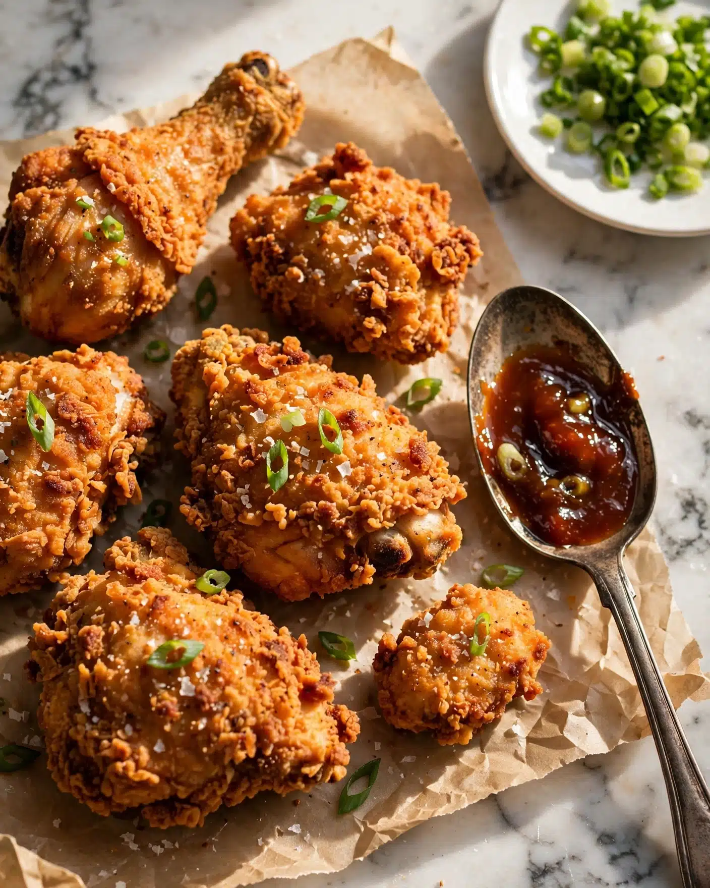 Baked Crunchy Honey Buffalo Chicken Recipe 5 Several pieces of crispy fried chicken with a golden brown crust are arranged on a sheet of parchment paper on a white marbled surface. The chicken is sprinkled with small green slices of scallions and a few flakes of salt. To the right, there is an old metal spoon holding a reddish-brown sauce with a bit of scallion inside. In the top right corner, a white plate holds more chopped scallions. The lighting creates warm highlights and shadows, emphasizing the crunchy texture and glossy sauce on the chicken photo taken with an iphone --ar 4:5 --v 7