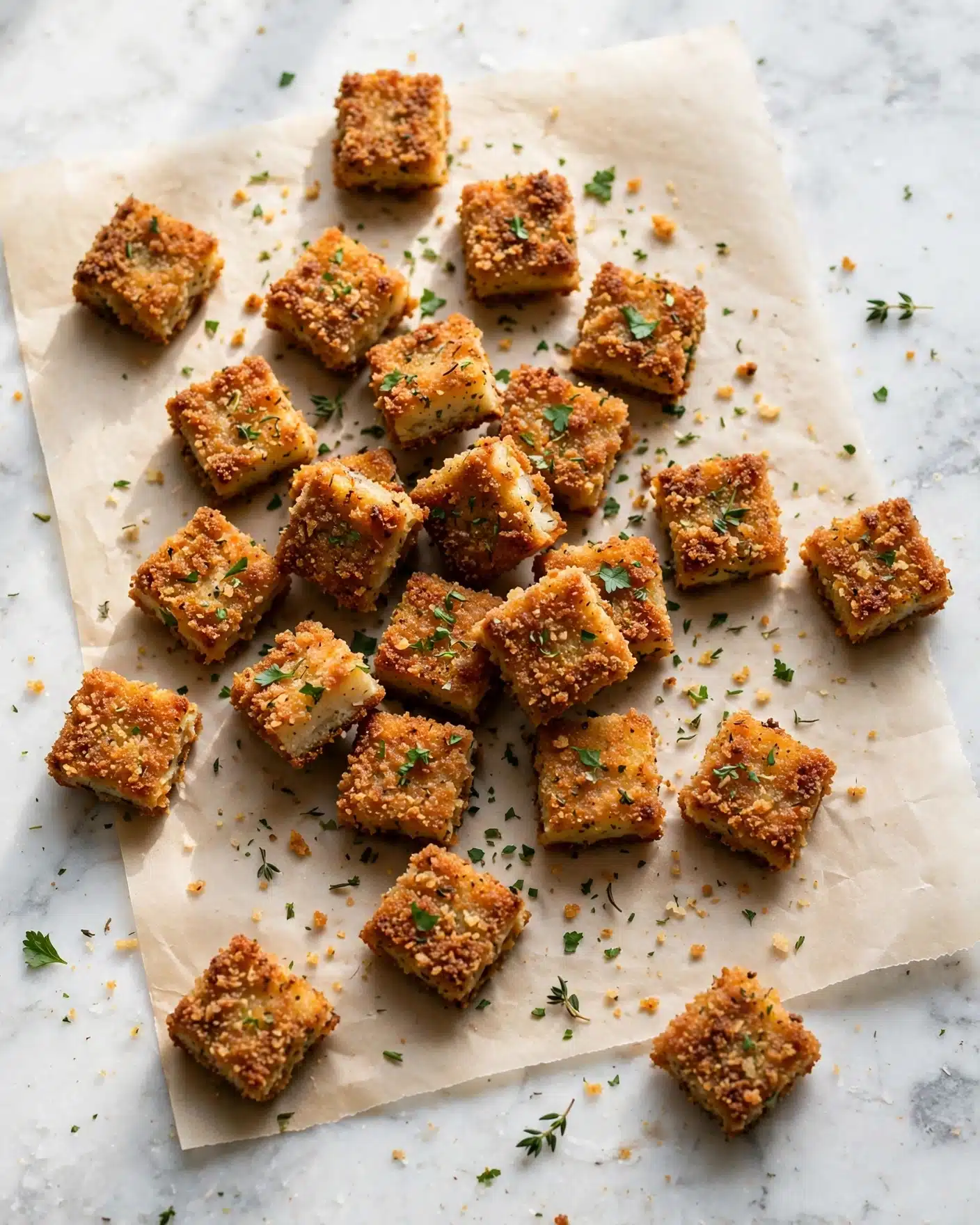 Small, square pieces of food with a rough, golden brown crust are scattered across a sheet of light-colored parchment paper on a white marbled surface. Each piece is coated evenly with a crunchy layer that looks crispy and textured, with little bits of green herbs sprinkled lightly on top. The pieces vary slightly in shade from light golden to deeper brown, showing a nicely cooked crust all around. Some small crumbs and herbs are scattered around the pieces, adding a rustic touch to the scene. photo taken with an iphone --ar 4:5 --v 7