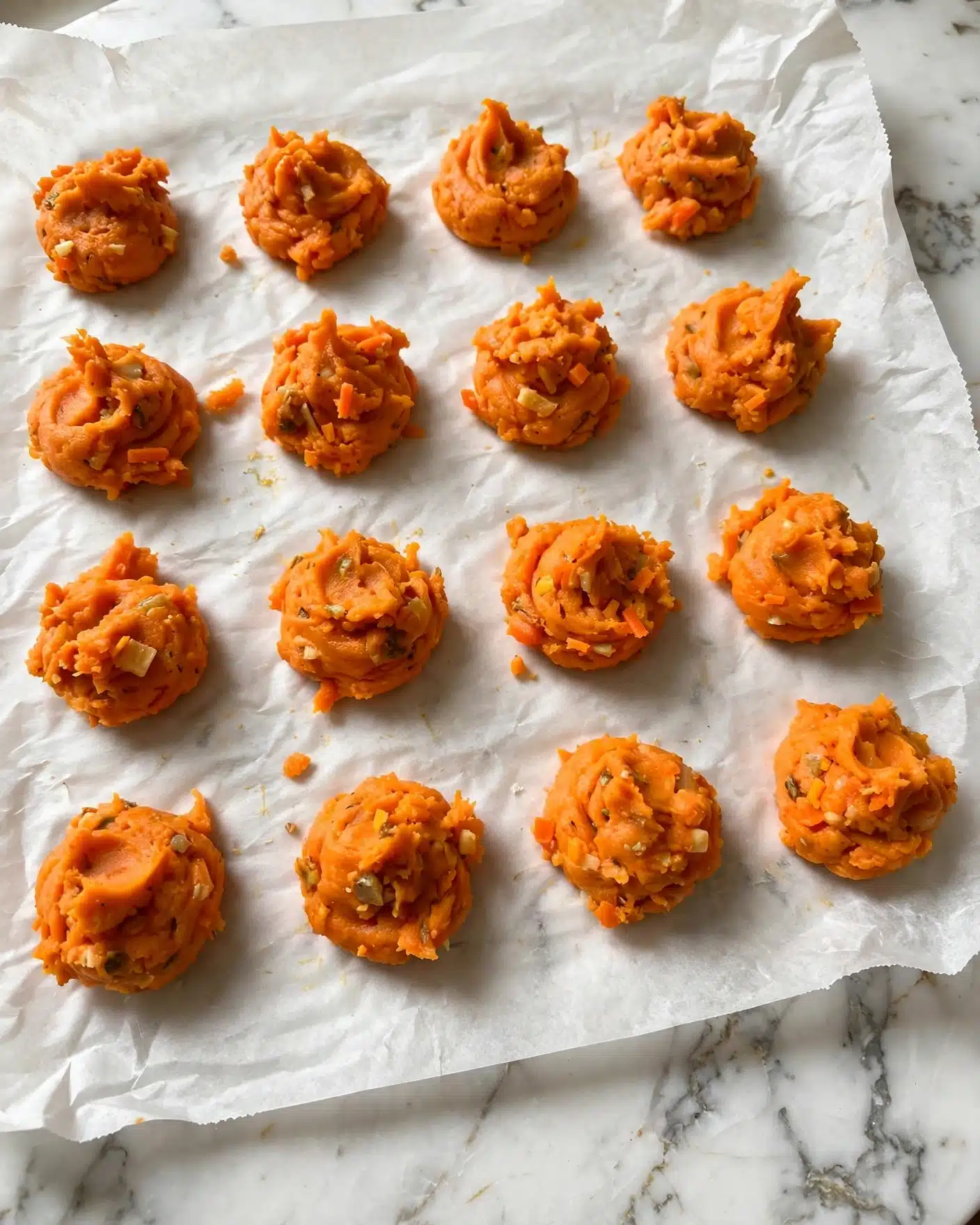 Multiple small dollops of bright orange dough are placed in rows on a white parchment paper with slight wrinkles, spread over a white marbled surface. Each dollop has a soft, slightly lumpy texture with visible small bits inside, roughly shaped with swirled peaks on top. The lighting creates gentle shadows around the dollops, enhancing their slightly rough surface and rich color photo taken with an iphone --ar 4:5 --v 7