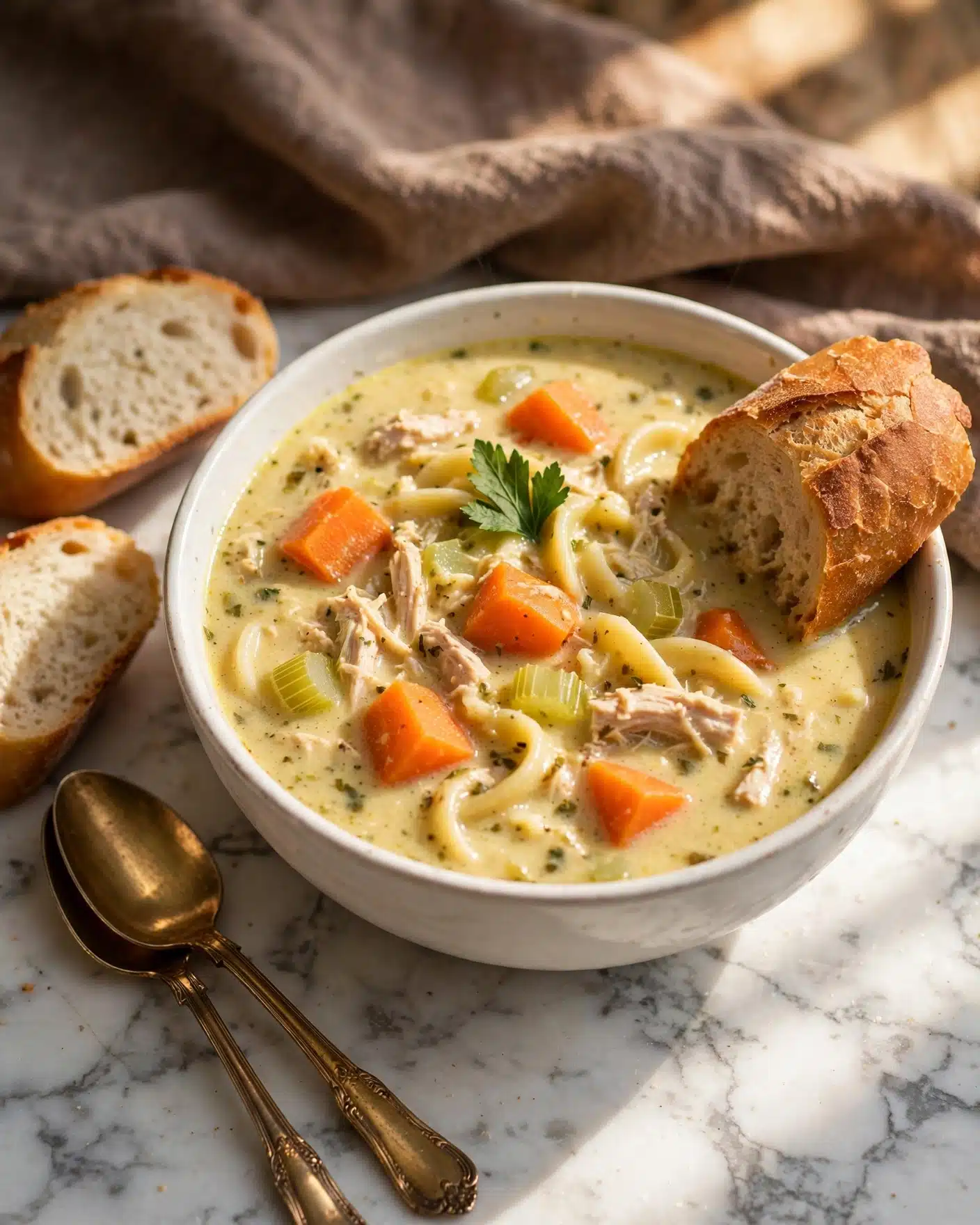 A white bowl filled with creamy chicken noodle soup with visible layers including dense chunks of orange carrots, soft wide yellow noodles, light green celery, and shredded chicken pieces in a thick pale yellow broth with herbs. On top, a fresh green herb leaf adds a touch of color. A piece of crusty brown bread sits half dipped on the right edge of the bowl. Next to the bowl are two halves of the same bread showing a soft, fluffy white inside. Two vintage gold spoons lie beside the bowl and bread on a white marbled surface. The background also features a soft textured brown cloth, and warm sunlight falls over the entire scene. photo taken with an iphone --ar 4:5 --v 7