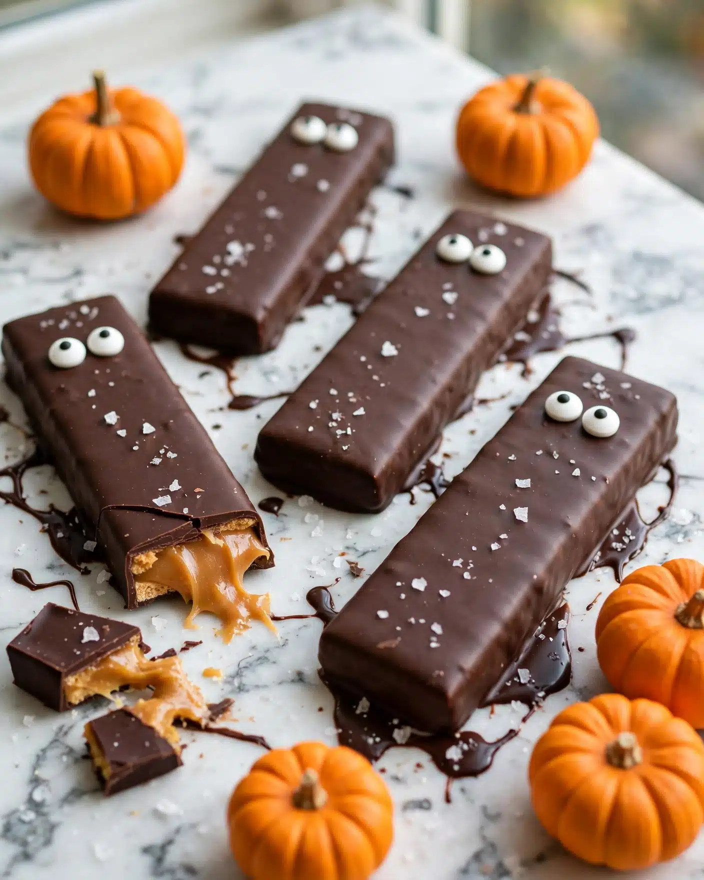 The image shows several long chocolate bars with a smooth, dark chocolate coating and small white candy eyes placed on top, giving them a spooky look. The bars have some texture under the chocolate, with some broken pieces revealing a golden, soft inside. The chocolate is drizzled in thin puddles and sprinkled with small salt flakes. Around the bars, there are several small orange mini pumpkins adding a bright contrast to the dark chocolate. All these items are placed on a white marbled surface. photo taken with an iphone --ar 4:5 --v 7