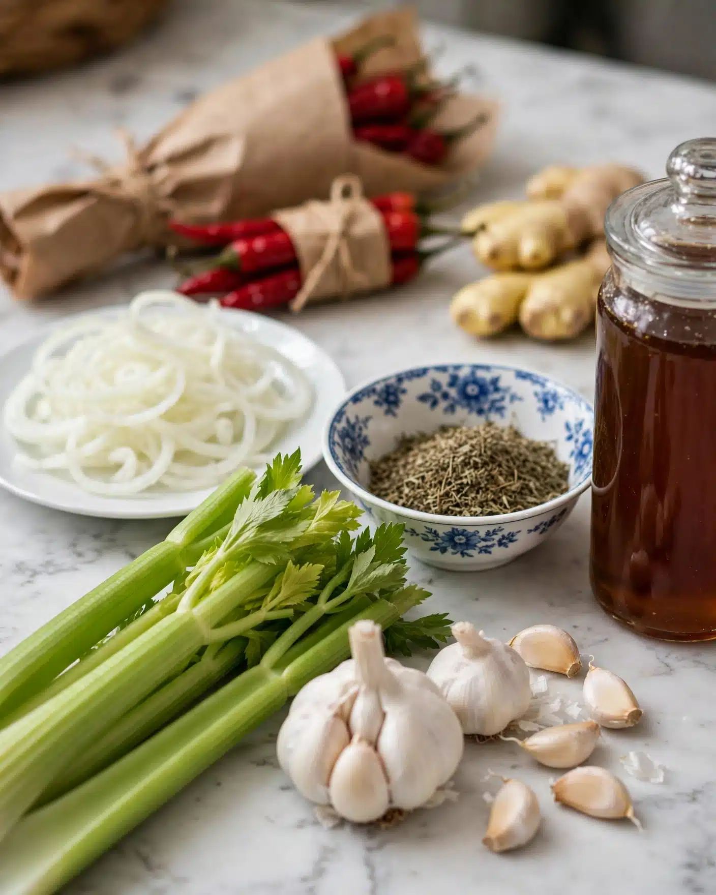 The image shows several fresh ingredients arranged on a white marbled surface. In the foreground, there are several green celery stalks laid out next to a cluster of garlic bulbs with some garlic cloves separated and resting nearby. Behind these, there is a white plate holding thin, pale white onion slices. To the right of the celery and garlic, there is a small white bowl with blue floral designs, filled with dried herbs. Next to this bowl, there is a tall glass jar filled with a dark amber liquid. In the background, partially blurred, some wrapped red chilies and light yellow sticks of ginger sit on the surface. The setting is softly lit with a cozy, warm tone, showing natural textures clearly. Photo taken with an iphone --ar 4:5 --v 7