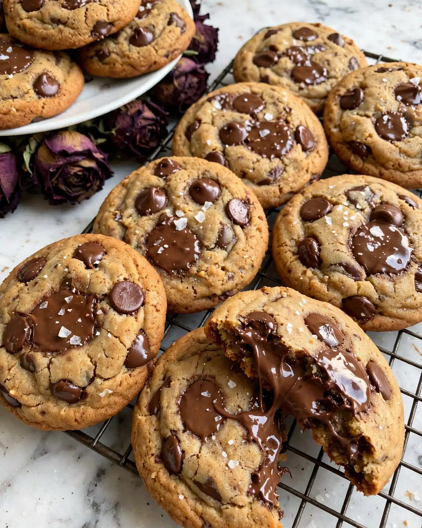 The image shows a close-up of many chocolate chip cookies on a dark wire cooling rack, placed on a white marbled surface. Each cookie has a rough texture with melted chocolate chips visible on the surface and sprinkled with white sea salt flakes. Some cookies show glossy melted chocolate patches, and one cookie is broken showing the soft inside with melted chocolate oozing out. In the upper left corner, a white plate holds more cookies resting on dried, dark purple roses. The lighting highlights the warm brown color of the cookies and the shine of the chocolate. Photo taken with an iphone --ar 4:5 --v 7