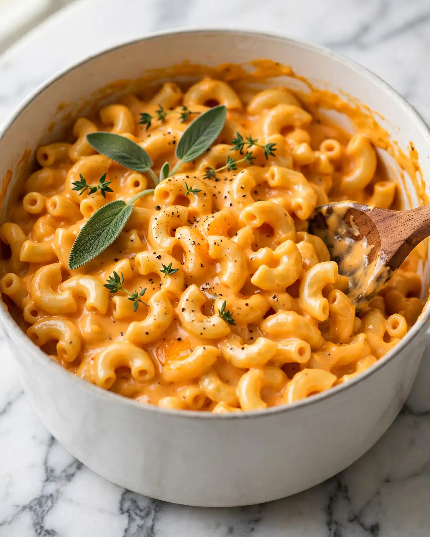 One Pot Stove-Top Pumpkin Mac and Cheese Recipe 5 This image shows a close-up of a white pot filled with creamy macaroni and cheese. The dish has one main layer of elbow pasta coated in a smooth, rich orange cheese sauce. There are a few green sage leaves and small thyme sprigs scattered on top, adding a touch of contrast. A wooden spoon is stirring the pasta from the right side, with the spoon partially covered in cheese sauce. There is a slight sprinkling of black pepper on the top. The pot is placed on a white marbled surface. photo taken with an iphone --ar 4:5 --v 7